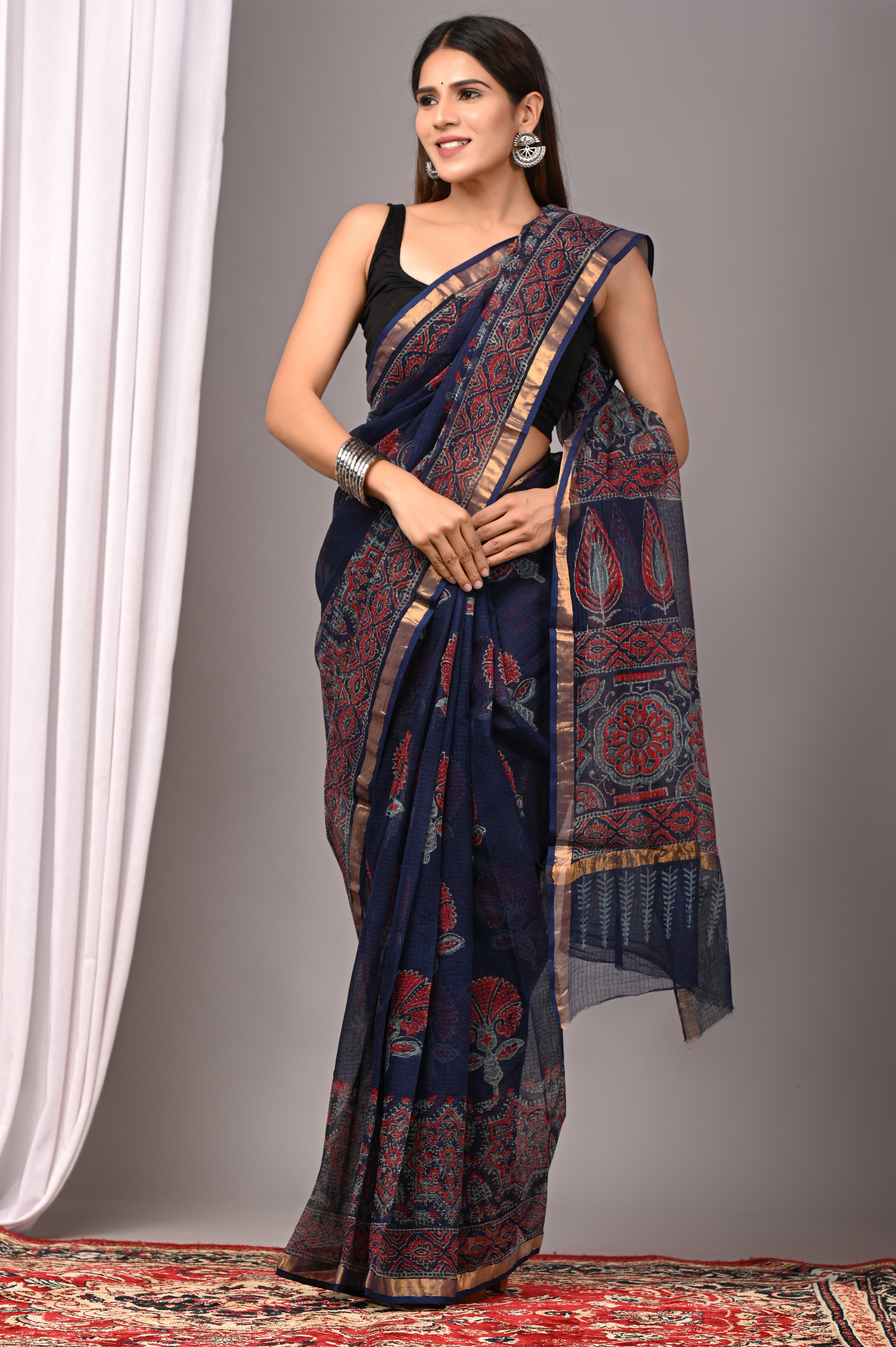 Navy Blue Kota Doria Evening Saree