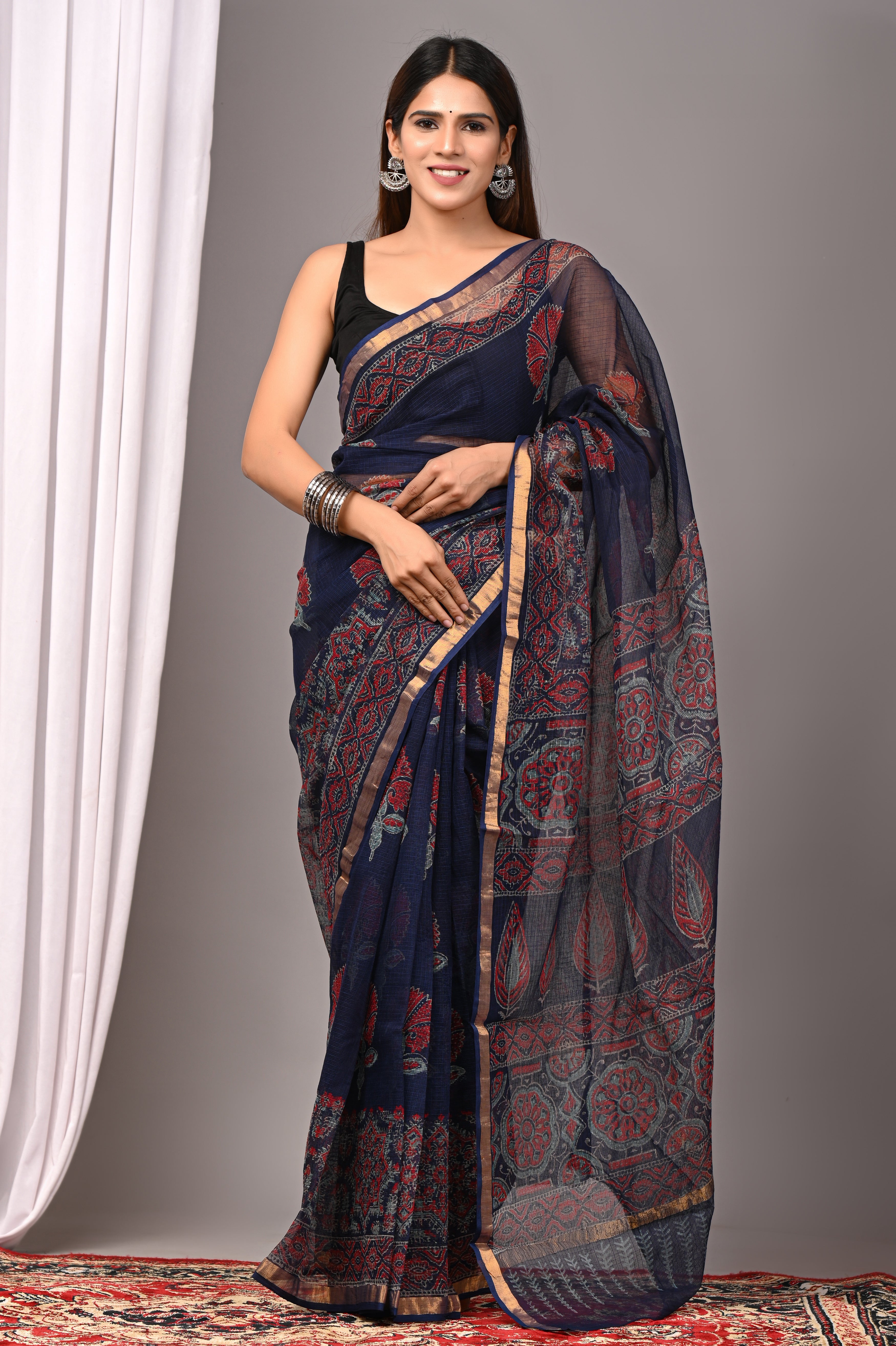 Navy Blue Kota Doria Evening Saree