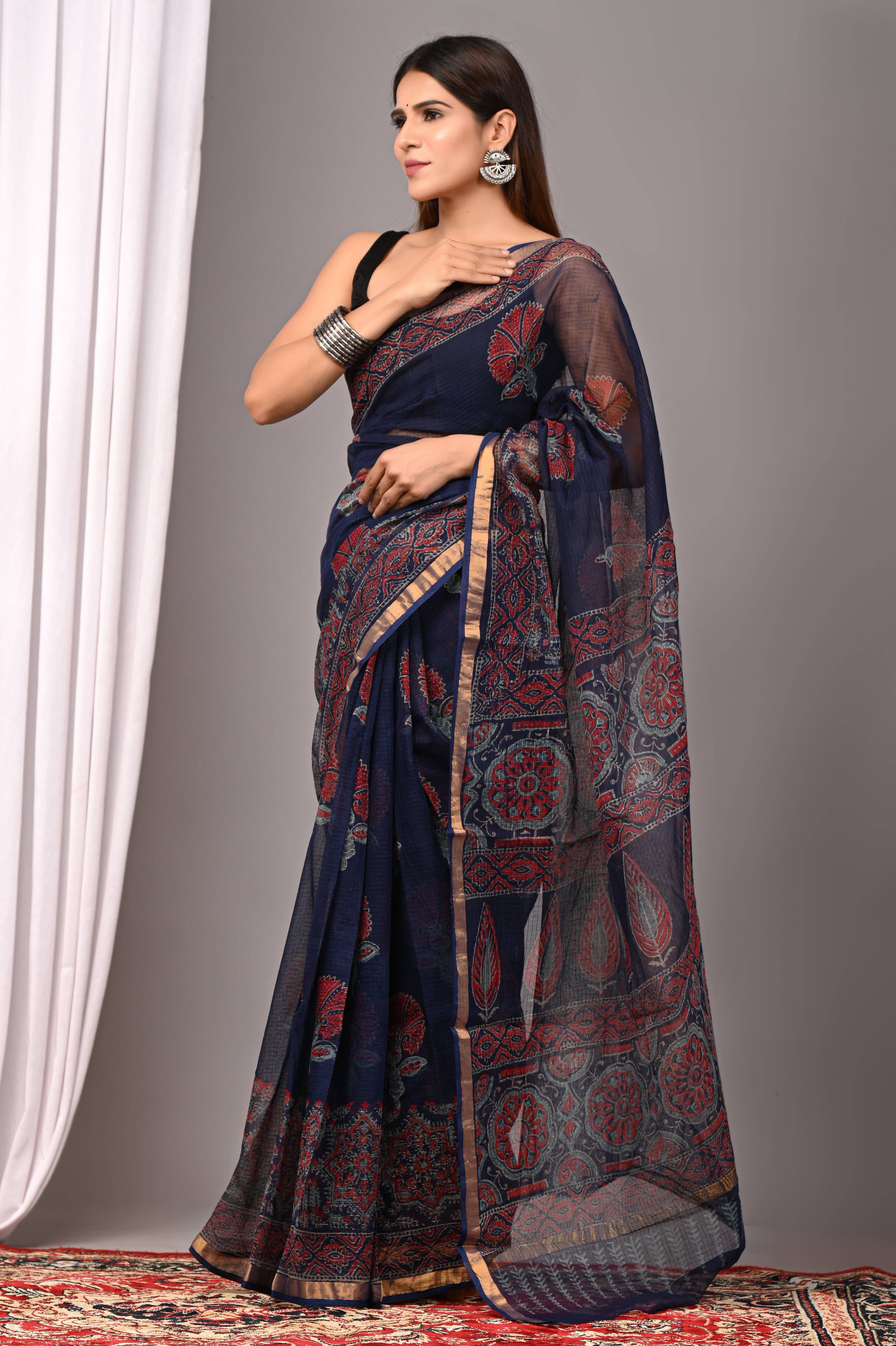 Navy Blue Kota Doria Evening Saree