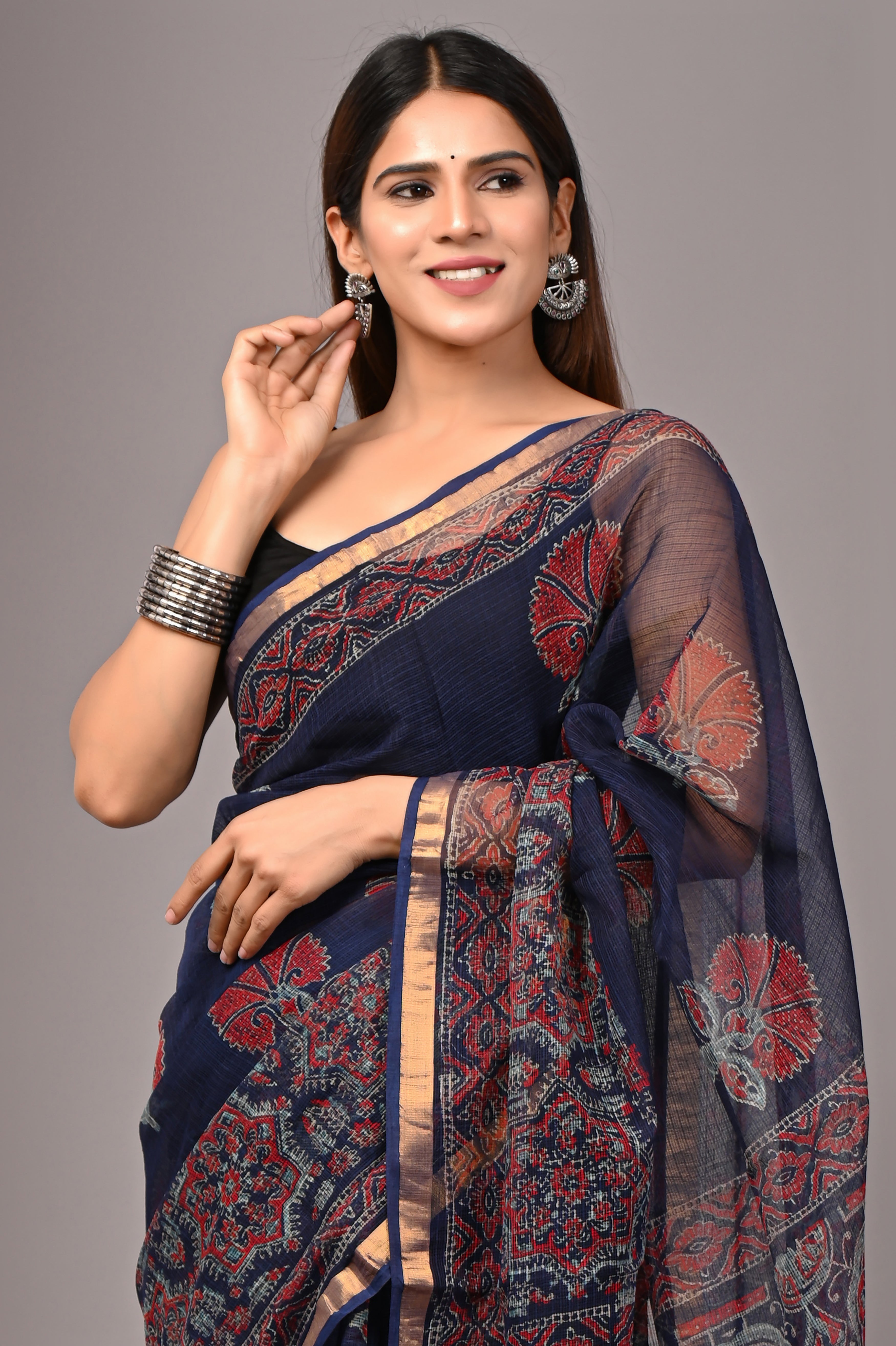 Navy Blue Kota Doria Evening Saree