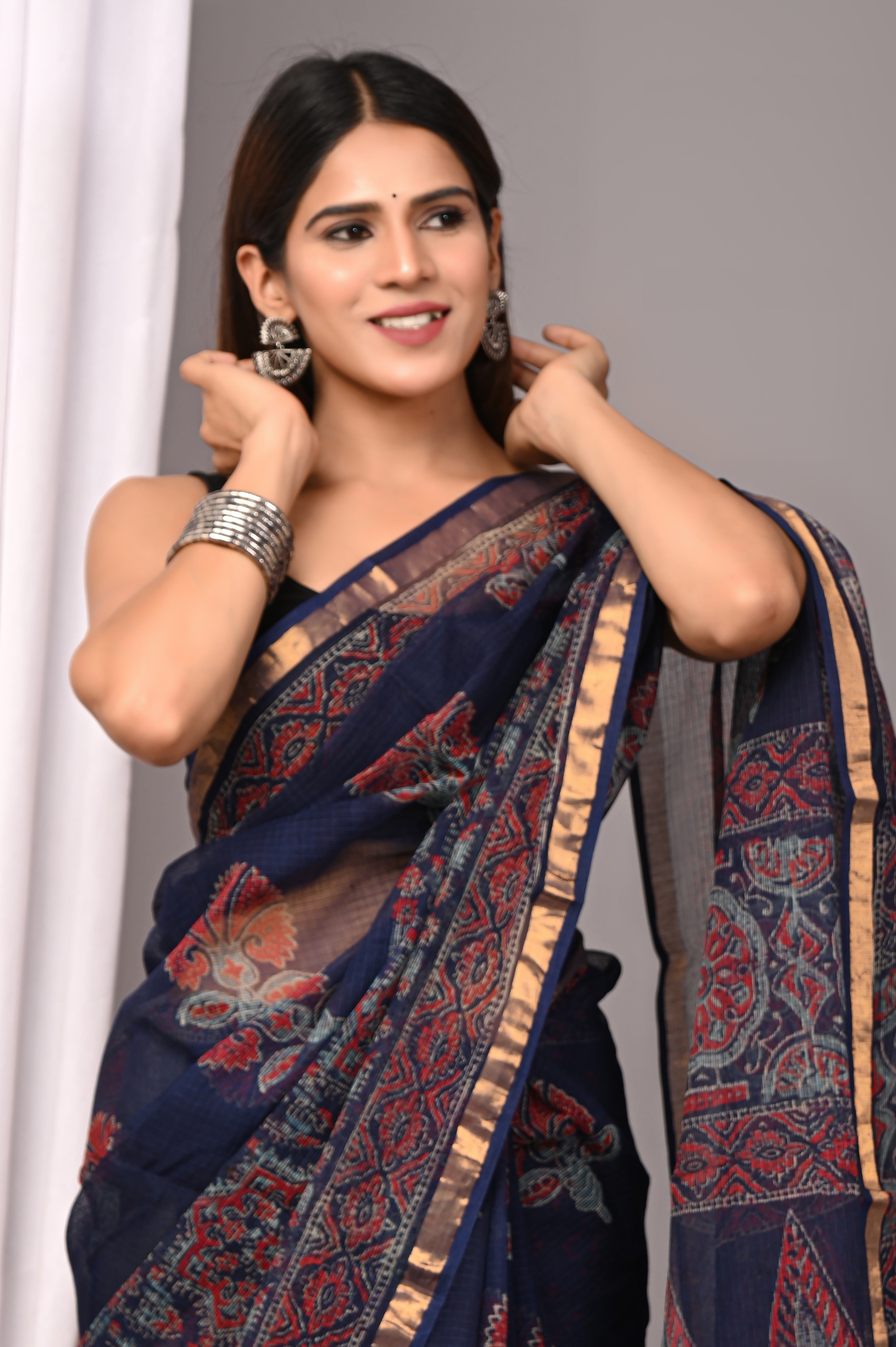 Navy Blue Kota Doria Evening Saree