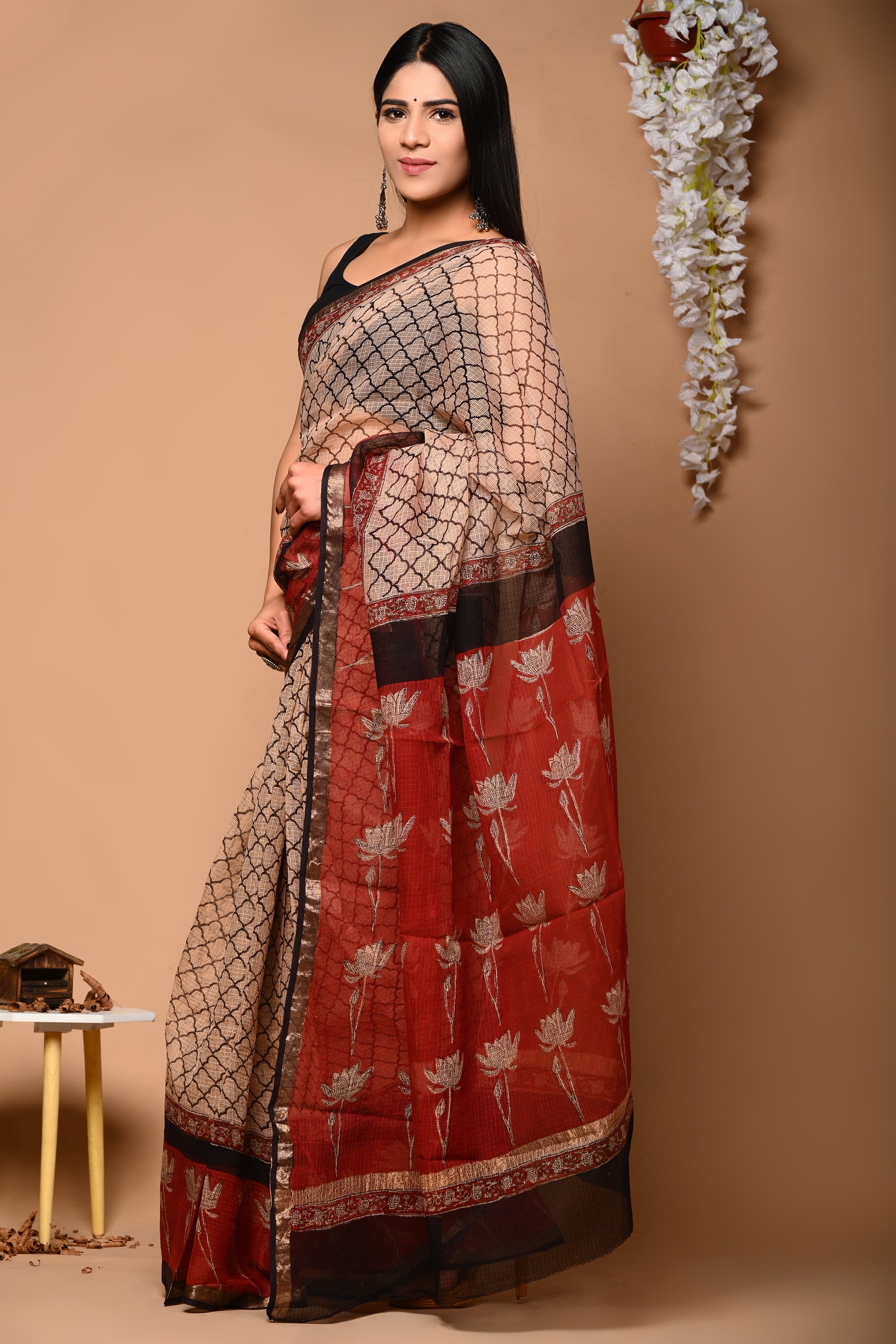 Beige & Rust Lotus Kota Doria Saree
