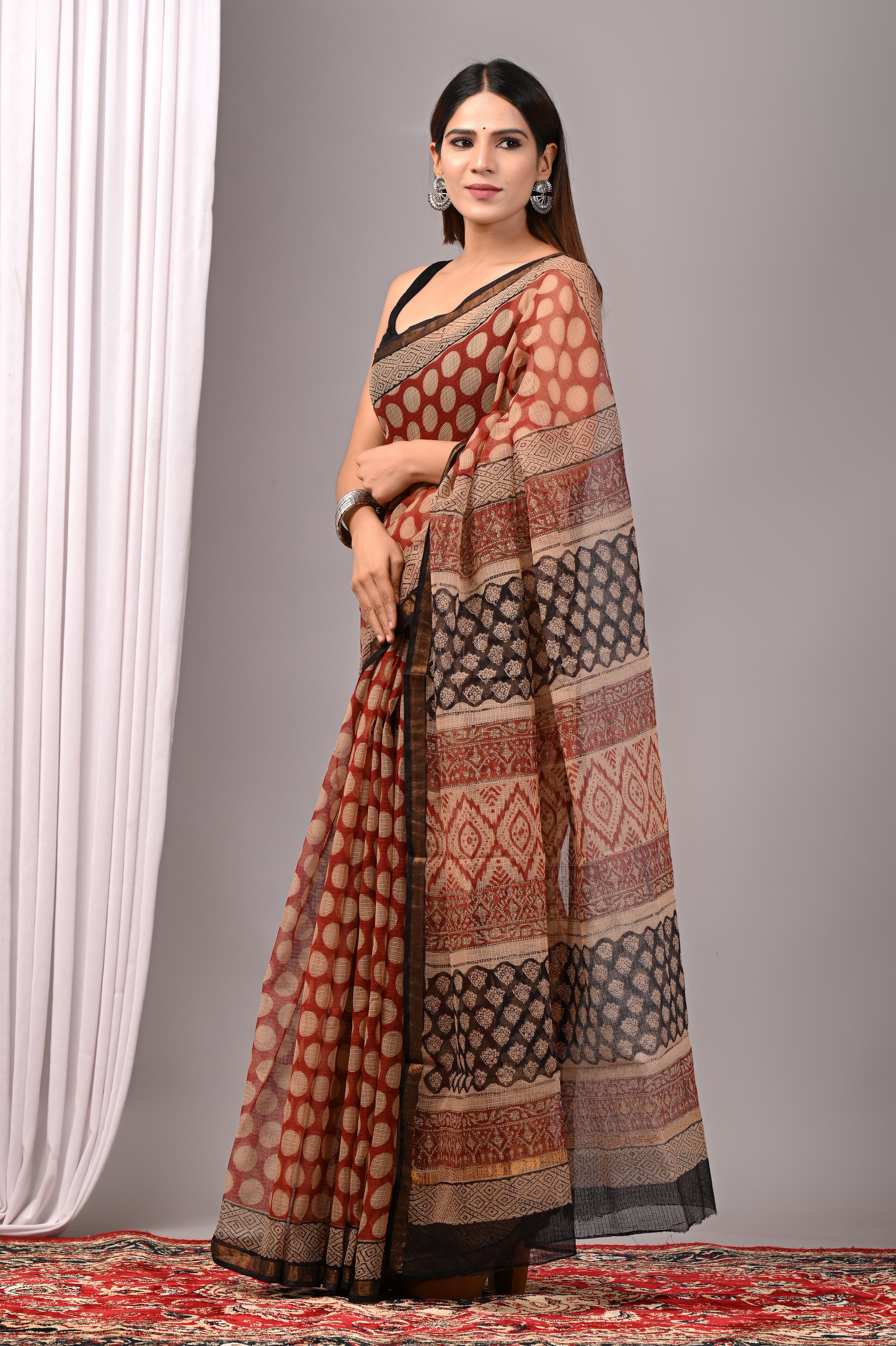 Rust Red Multi-Hand-Printed Kota Doria Saree