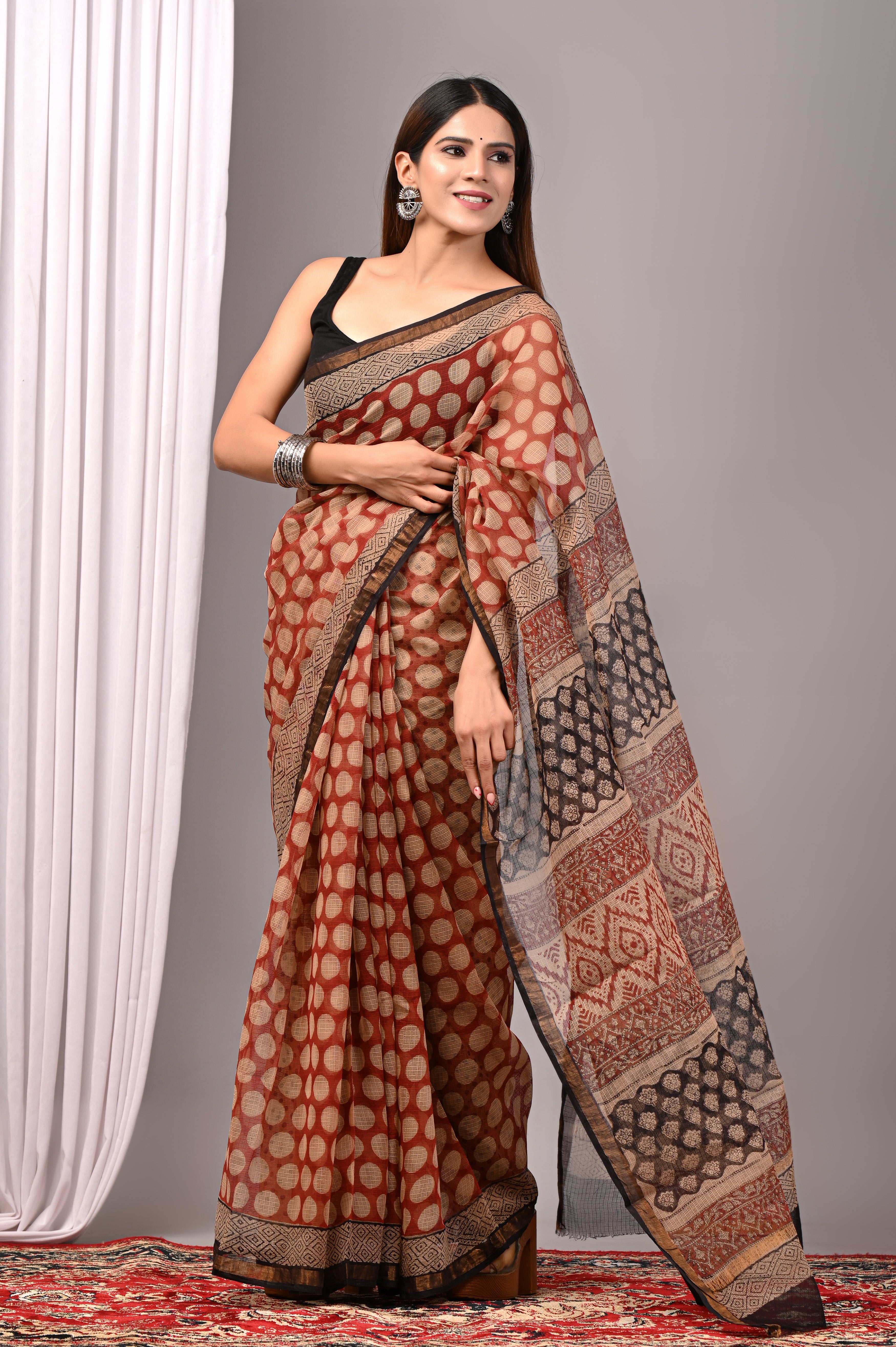 Rust Red Multi-Hand-Printed Kota Doria Saree