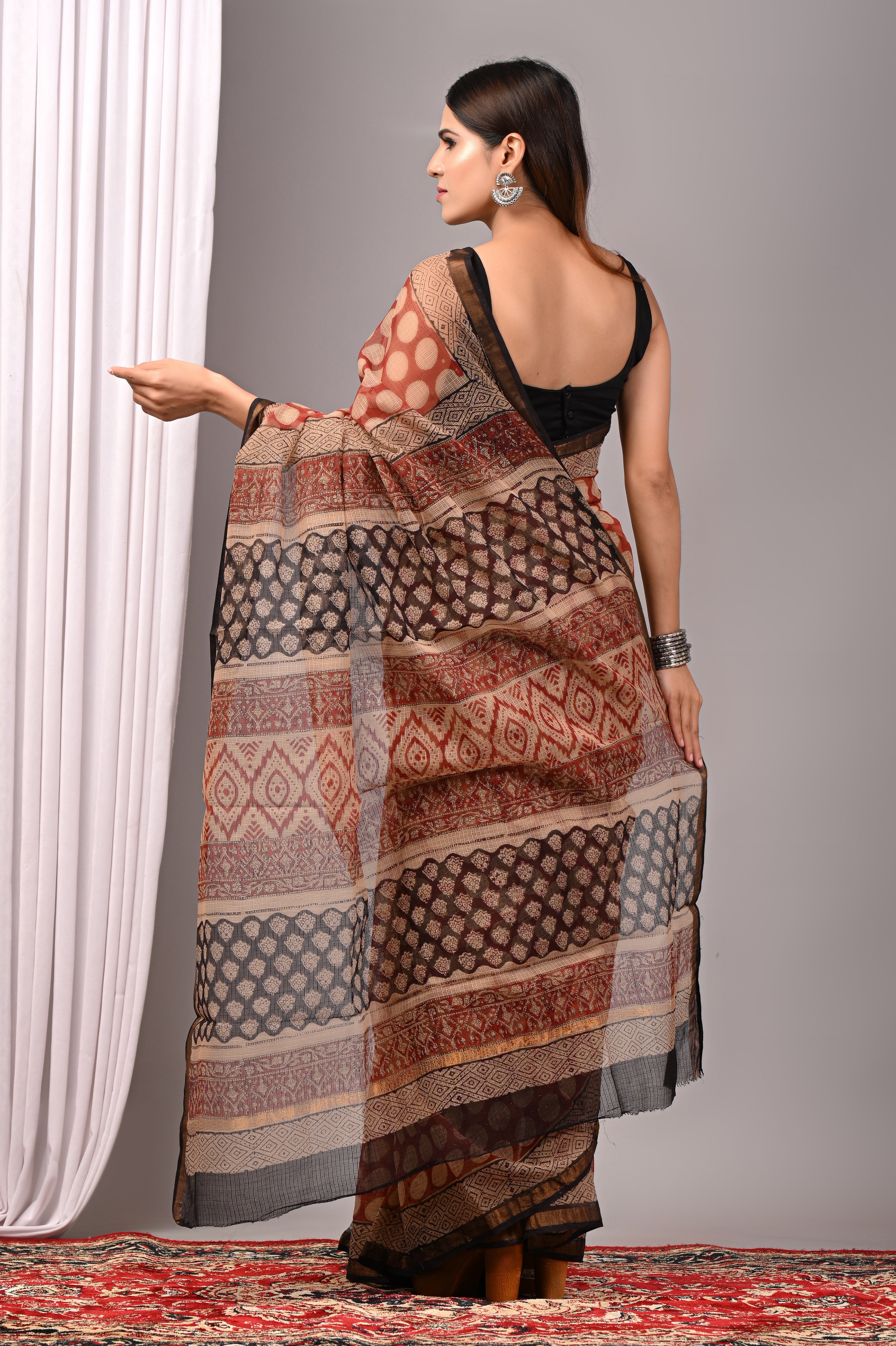 Rust Red Multi-Hand-Printed Kota Doria Saree