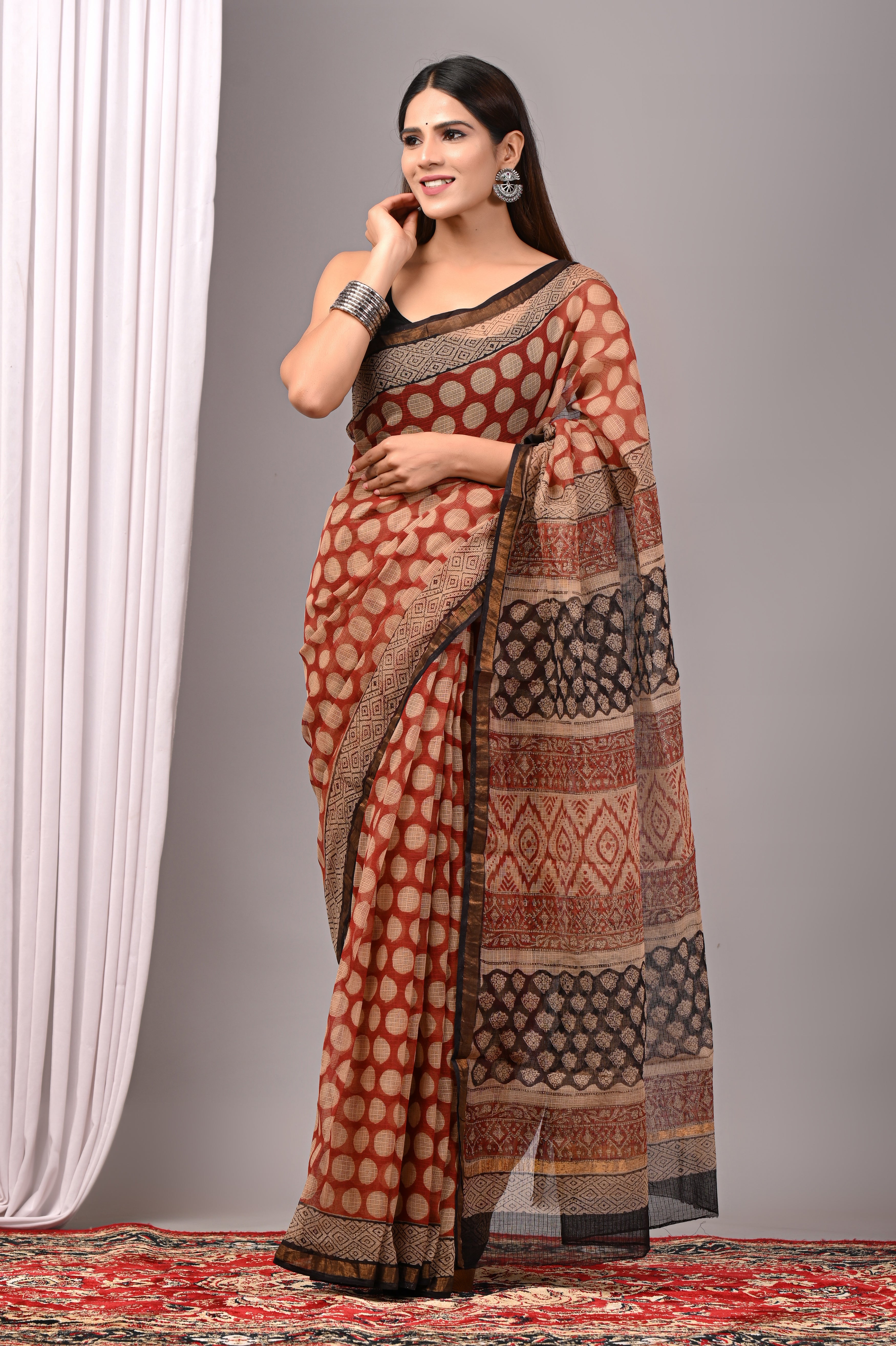 Rust Red Multi-Hand-Printed Kota Doria Saree