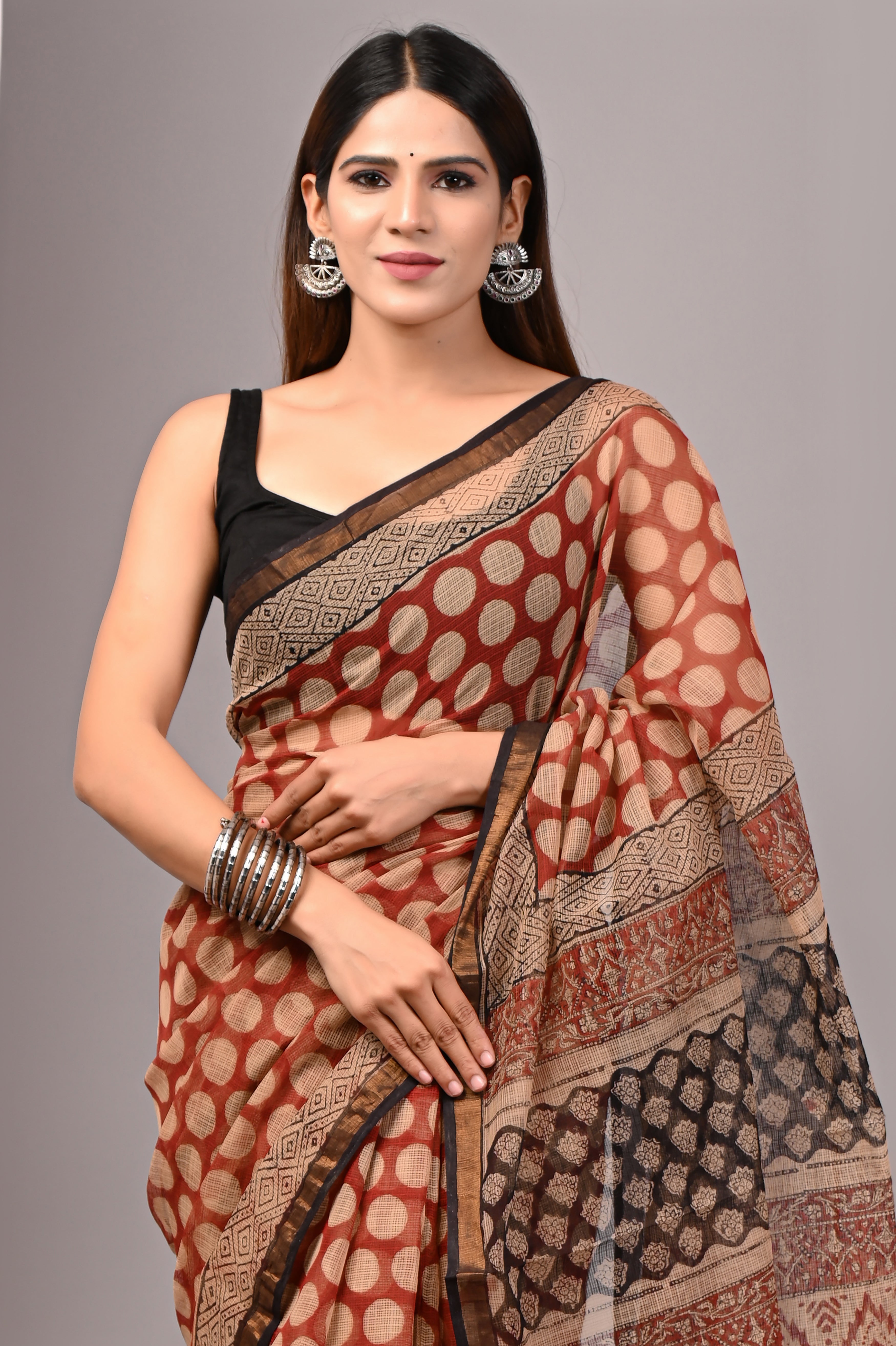 Rust Red Multi-Hand-Printed Kota Doria Saree