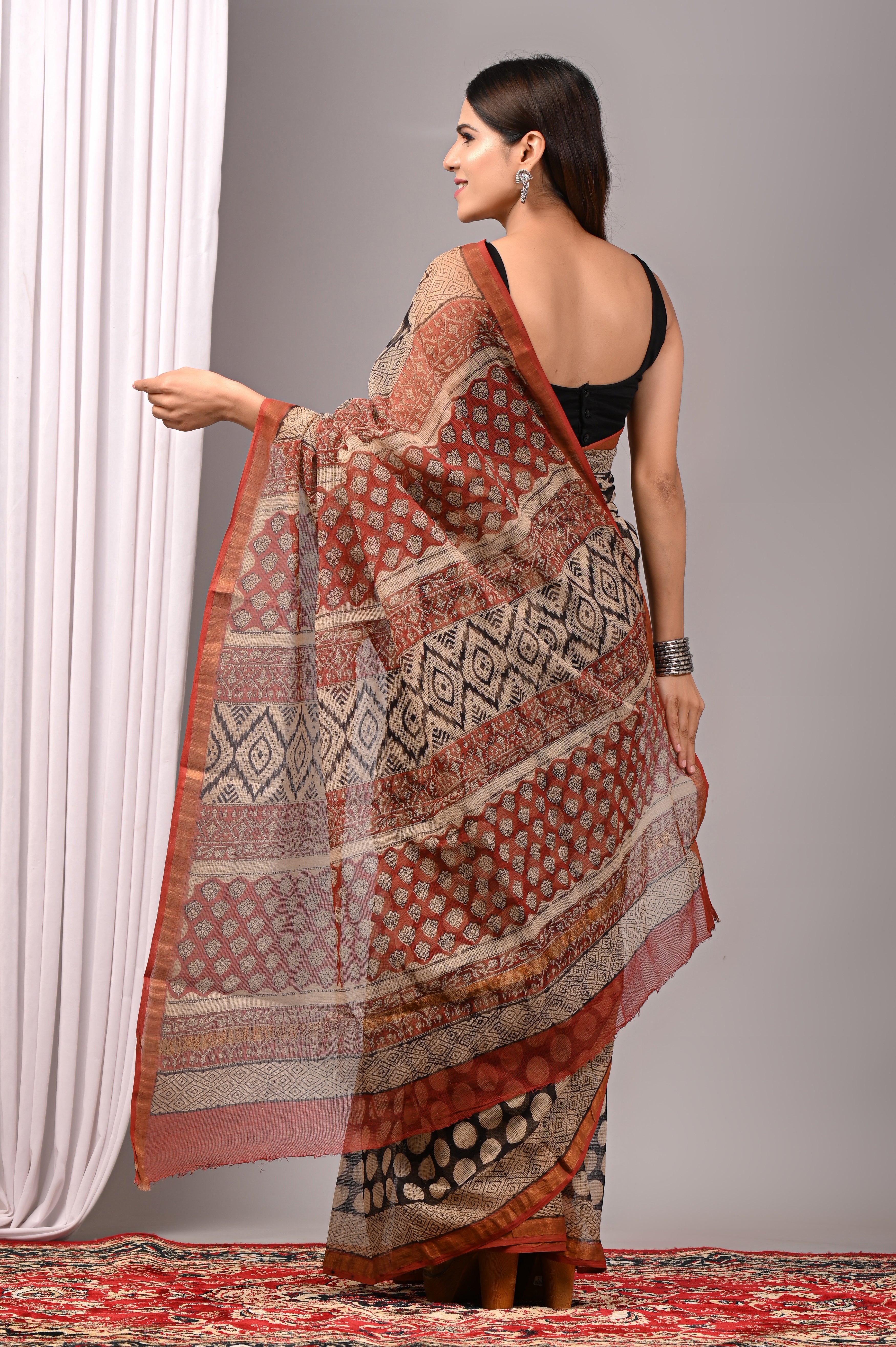 Black & Rust Polka Dot Kota Doria Saree