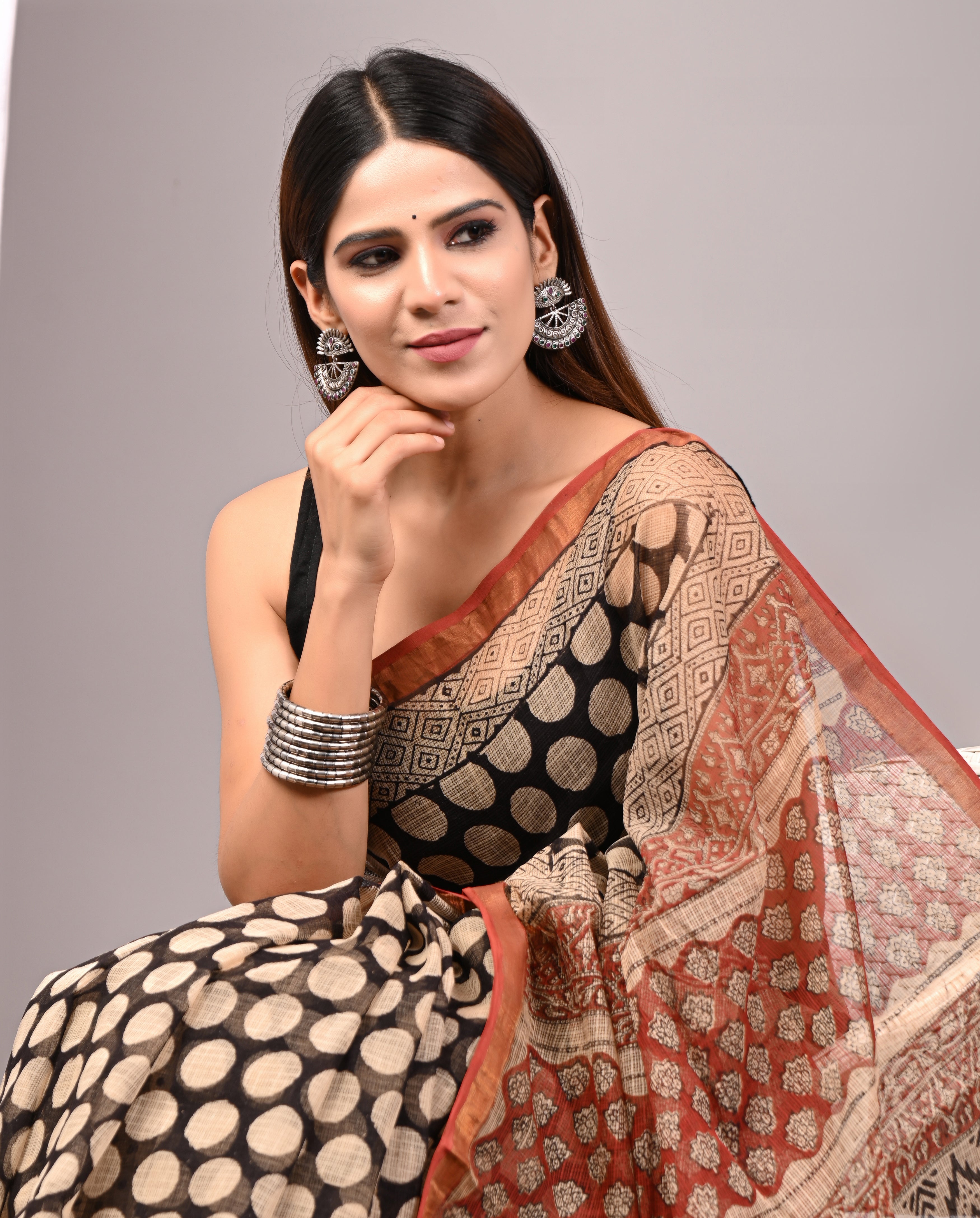 Black & Rust Polka Dot Kota Doria Saree