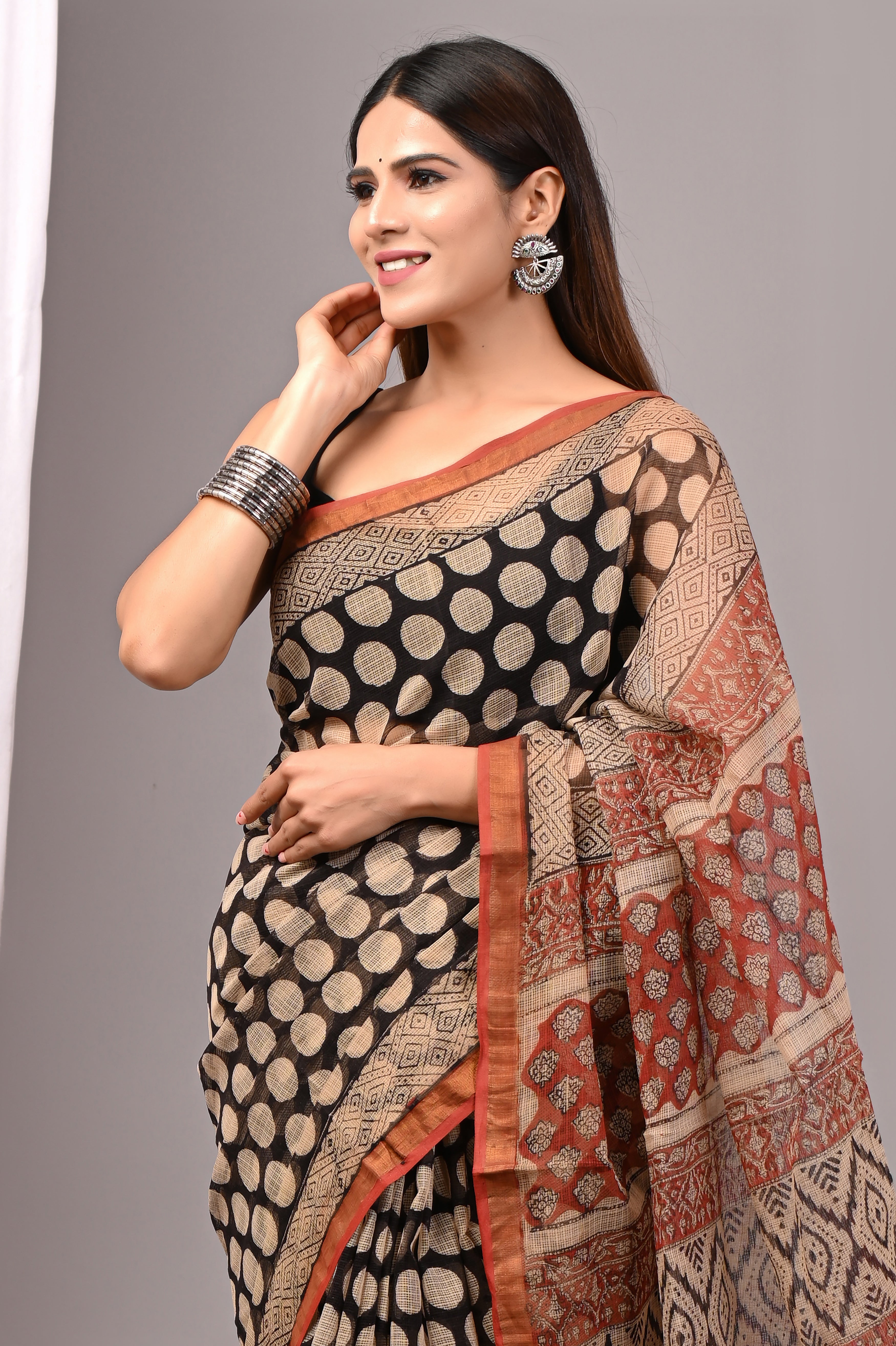 Black & Rust Polka Dot Kota Doria Saree