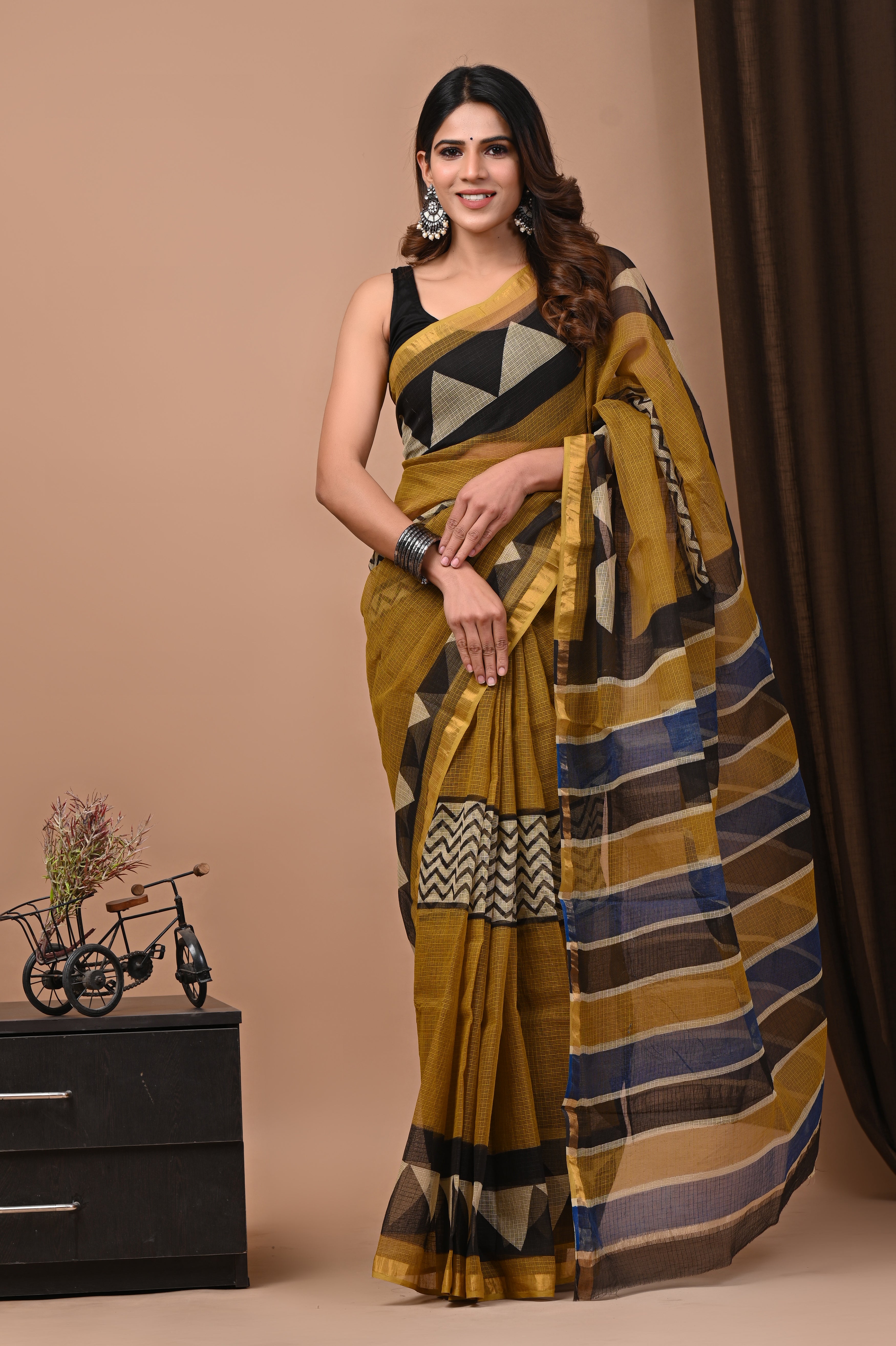 Hand-Printed Kota Doria Saree - Mustard Yellow