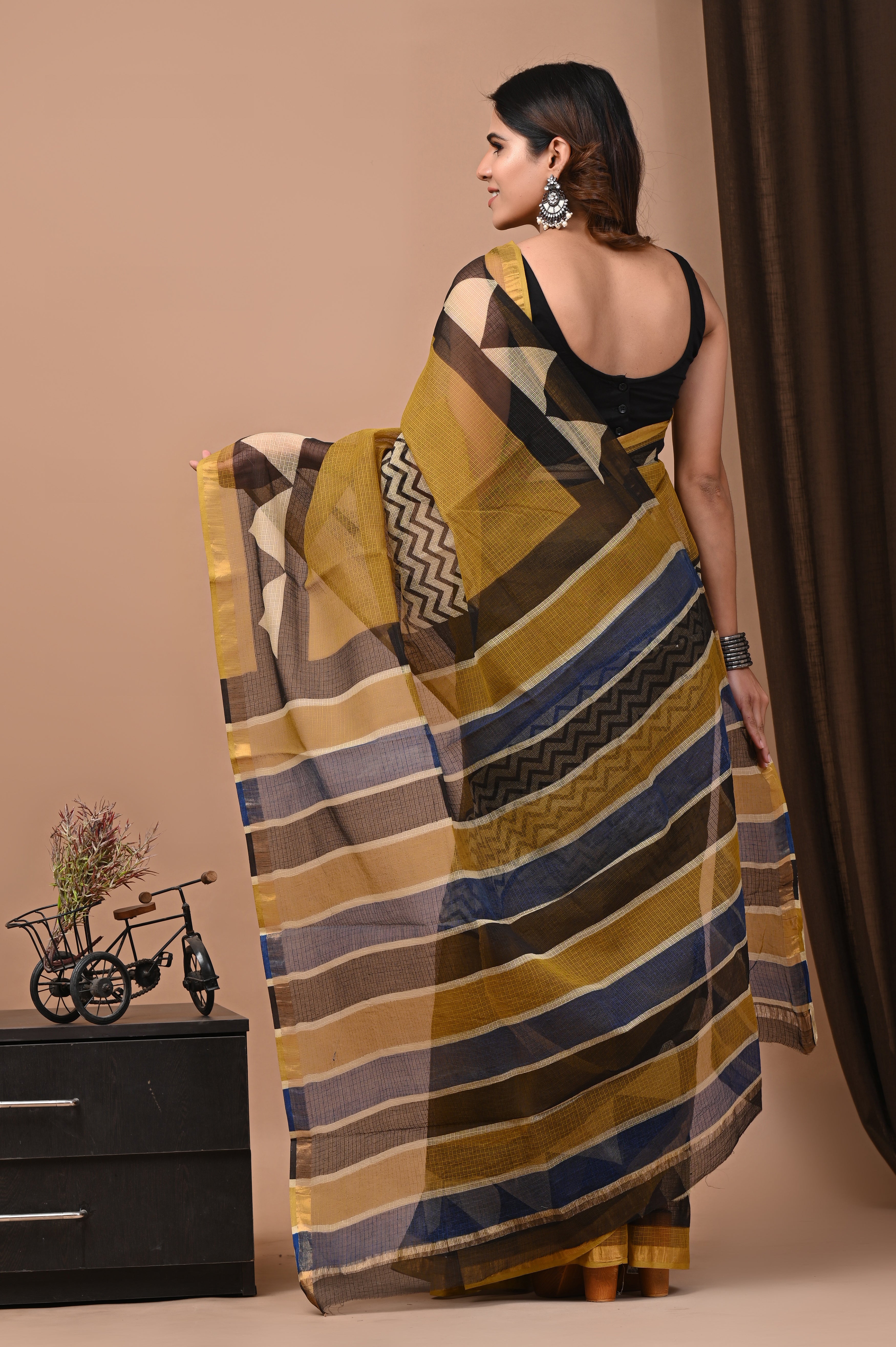 Hand-Printed Kota Doria Saree - Mustard Yellow