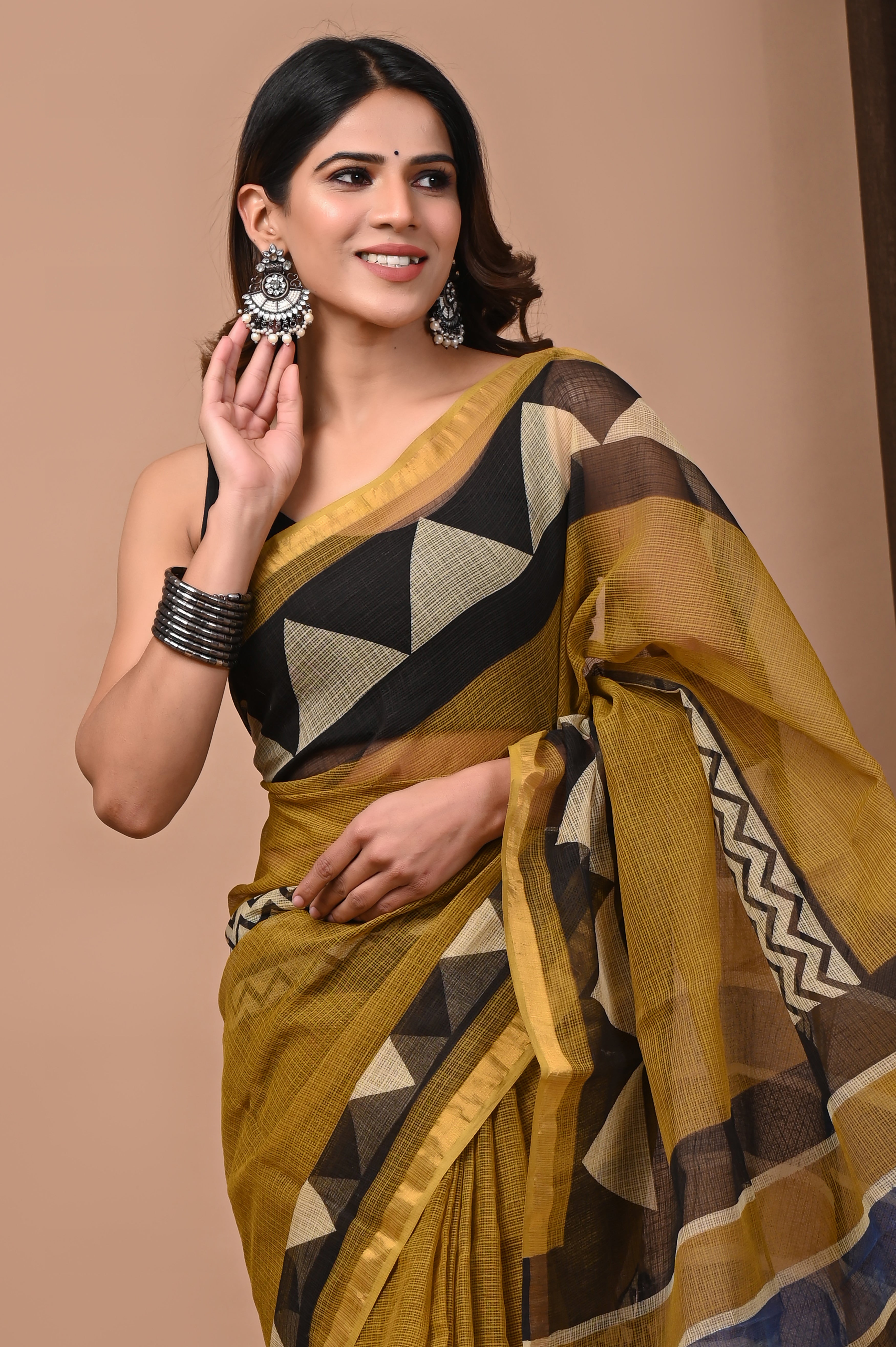 Hand-Printed Kota Doria Saree - Mustard Yellow