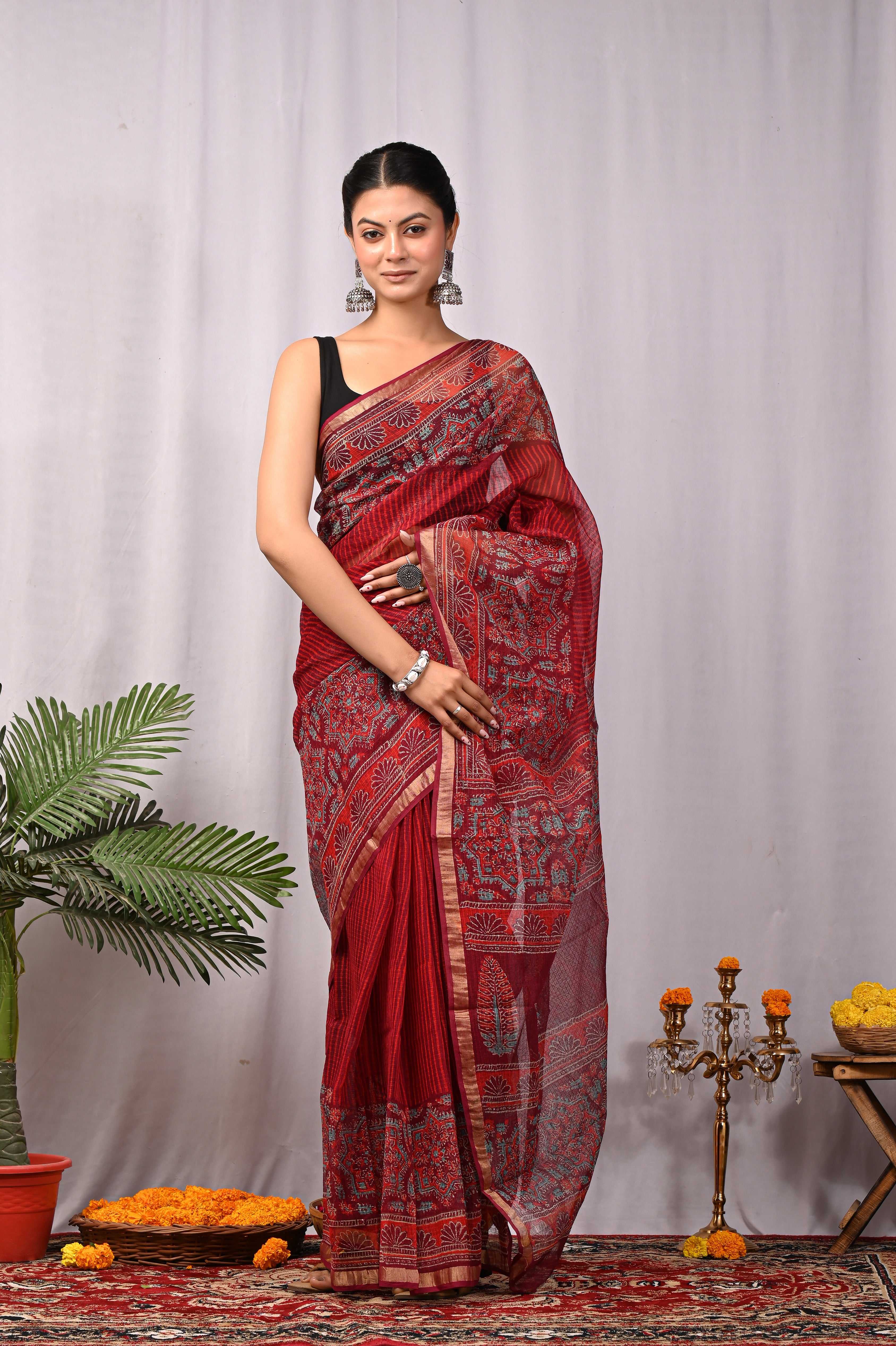 Hand-Printed Kota Doria Saree - Deep Wine Cotton Silk