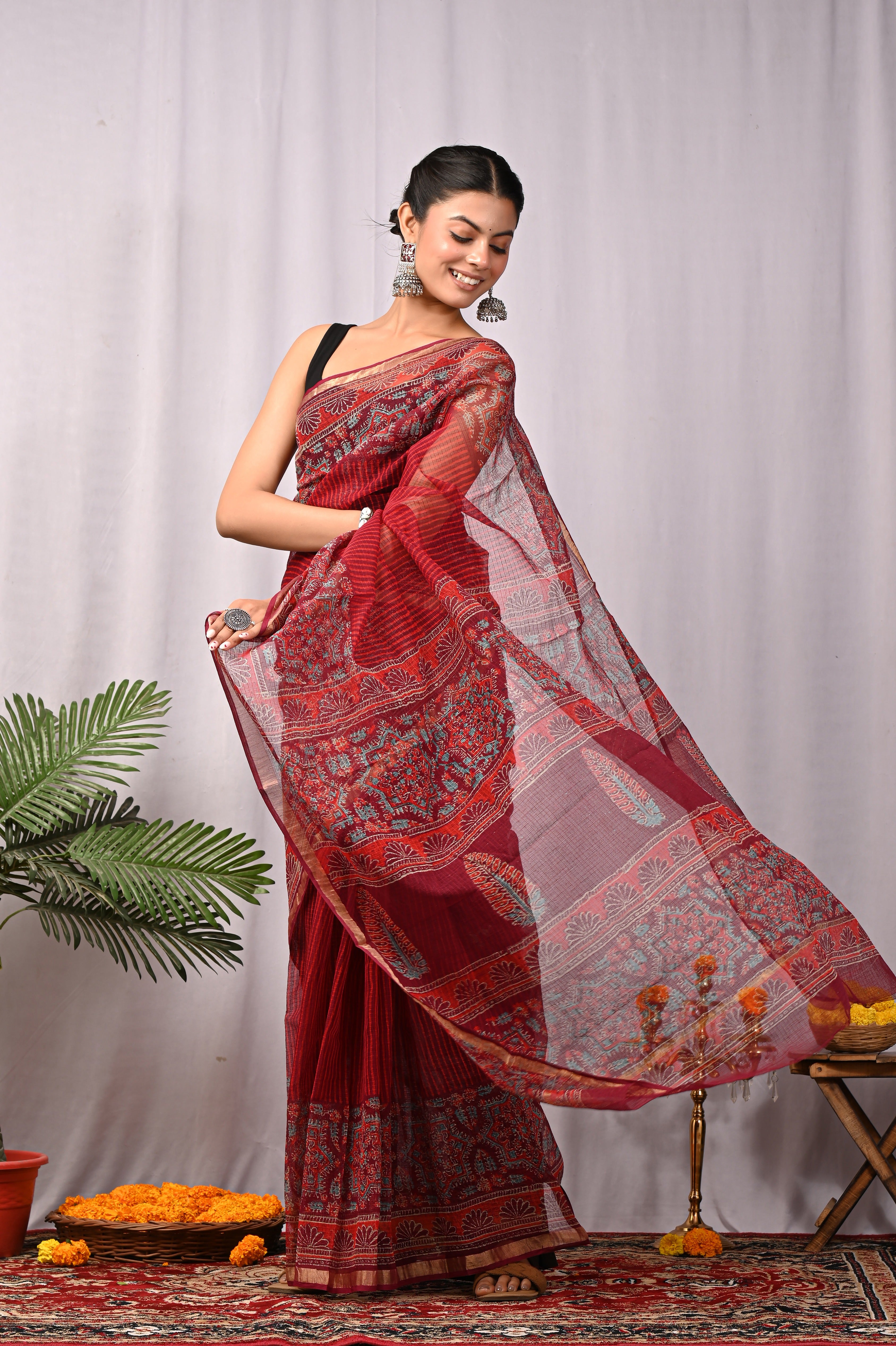 Hand-Printed Kota Doria Saree - Deep Wine Cotton Silk