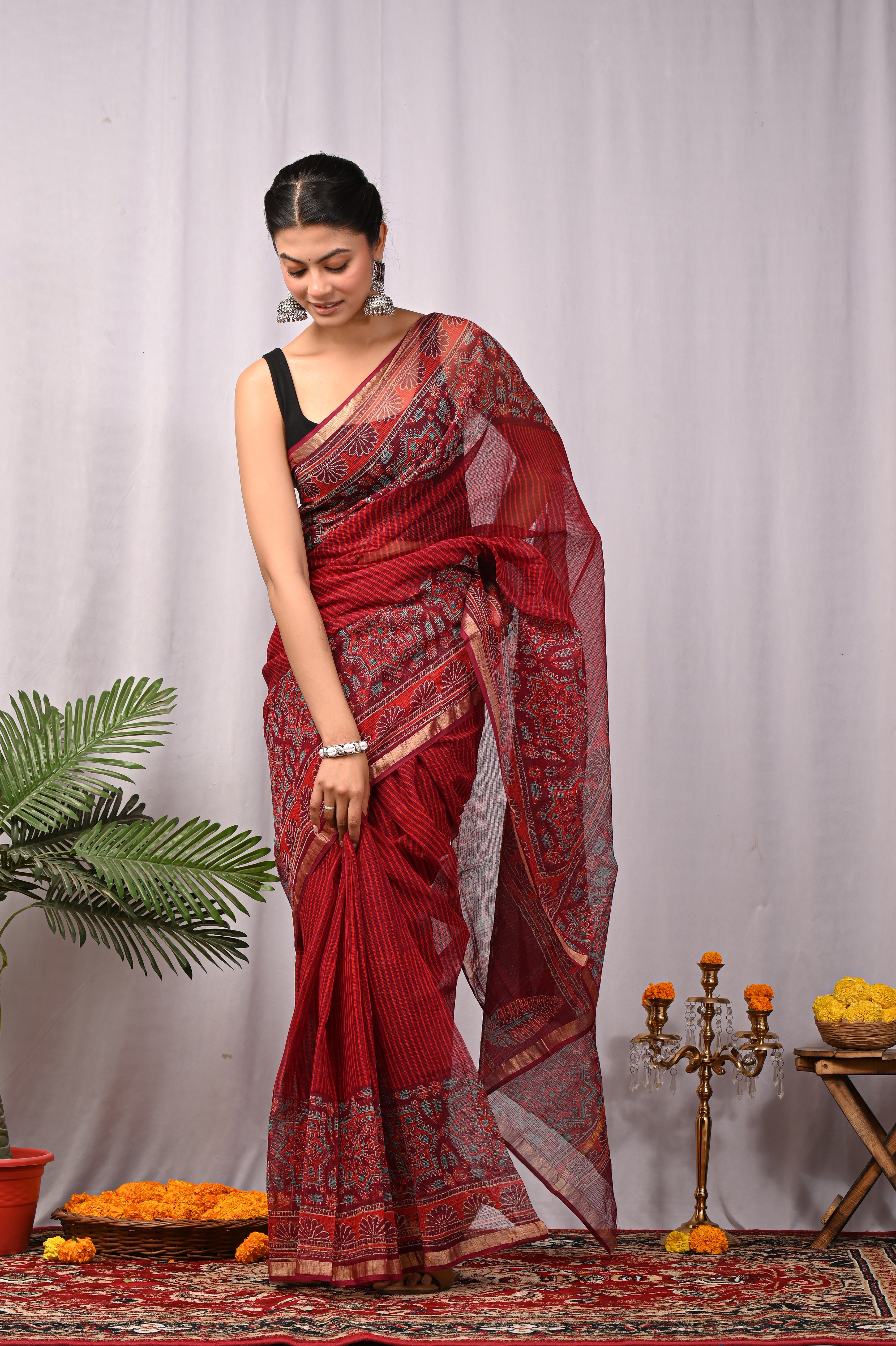 Hand-Printed Kota Doria Saree - Deep Wine Cotton Silk