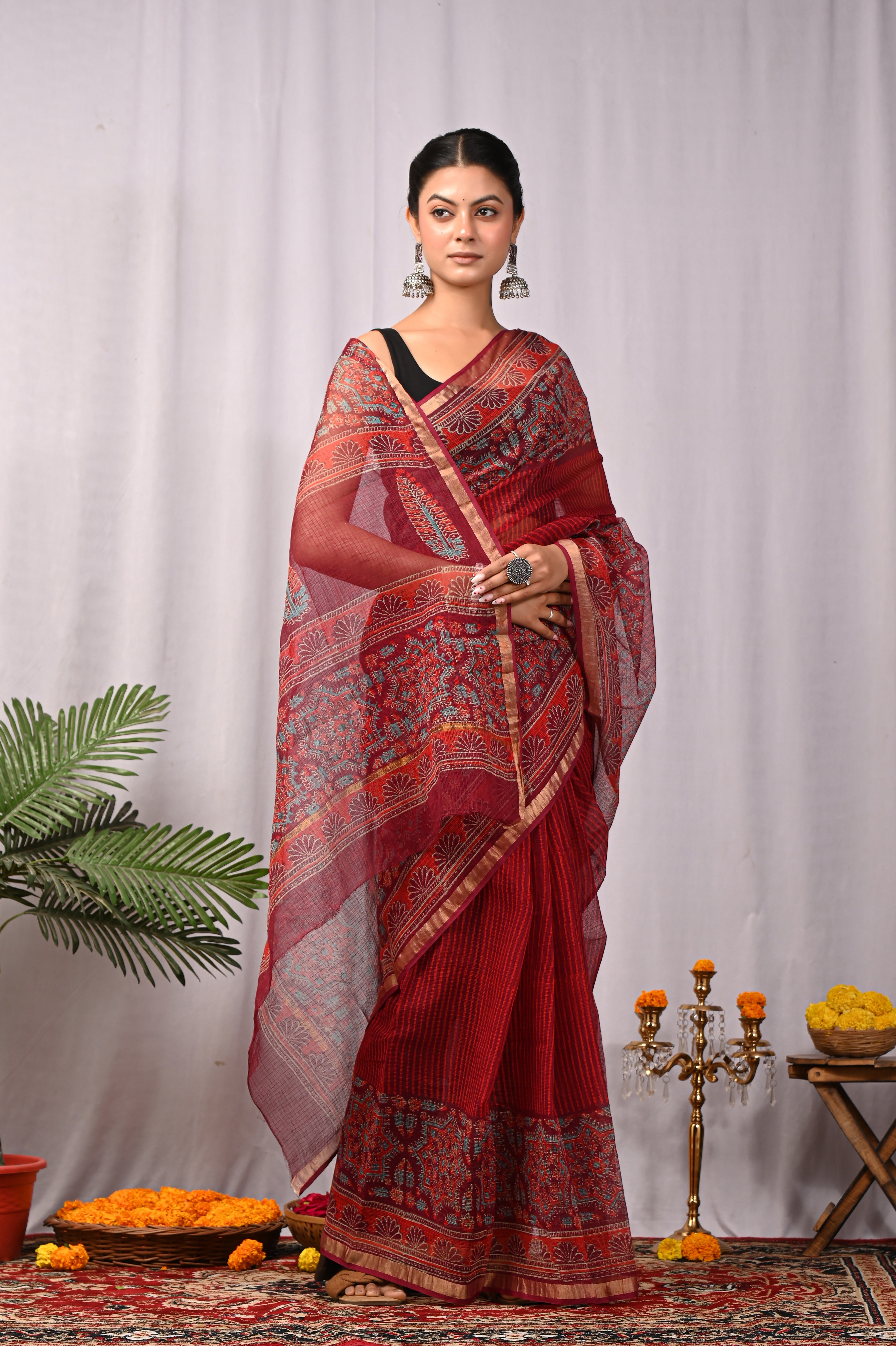 Hand-Printed Kota Doria Saree - Deep Wine Cotton Silk