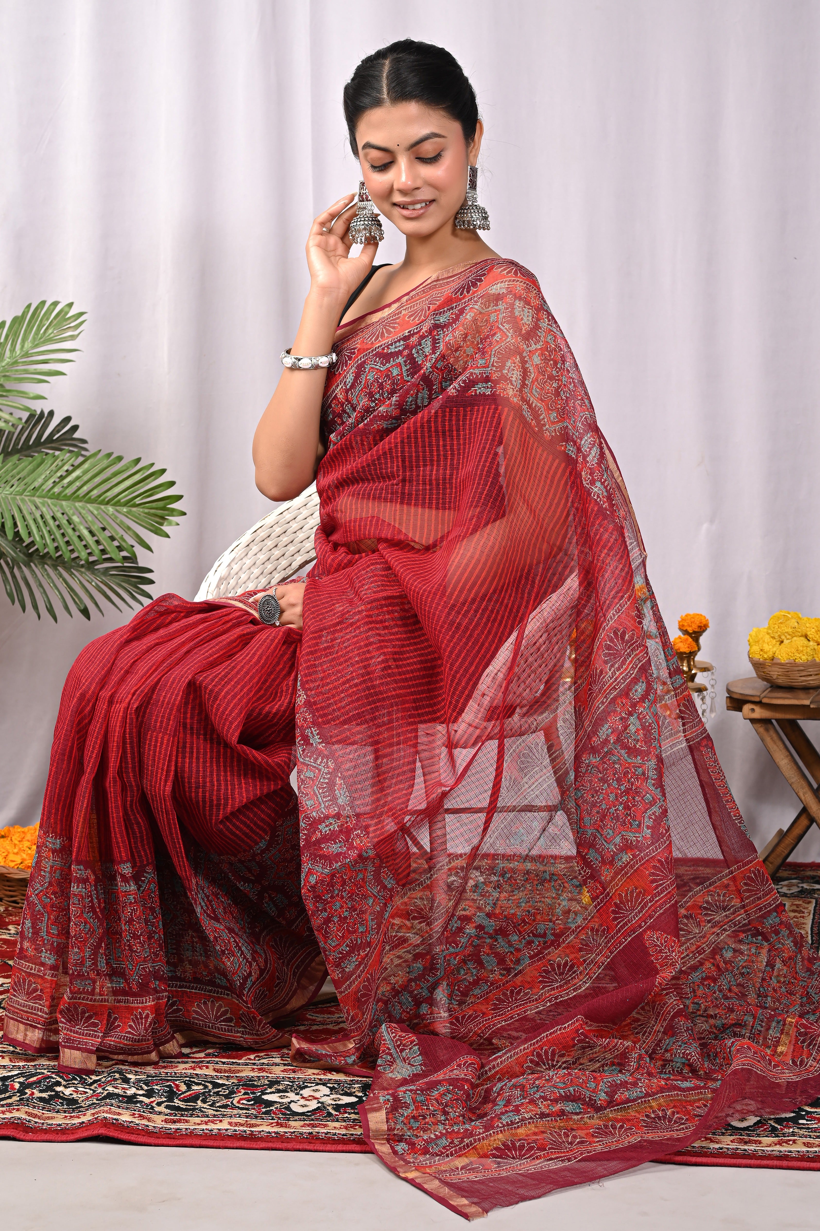 Hand-Printed Kota Doria Saree - Deep Wine Cotton Silk