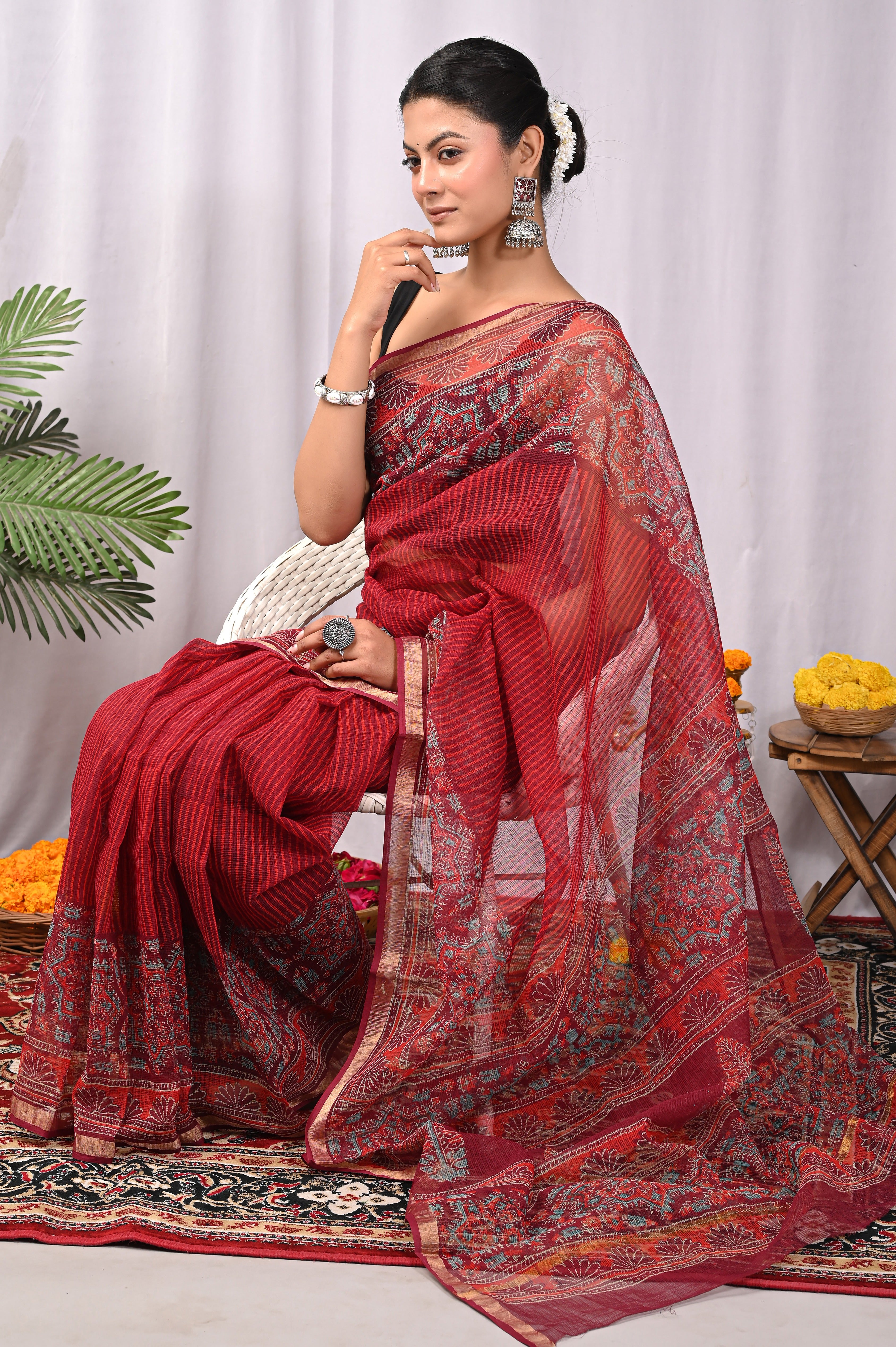 Hand-Printed Kota Doria Saree - Deep Wine Cotton Silk