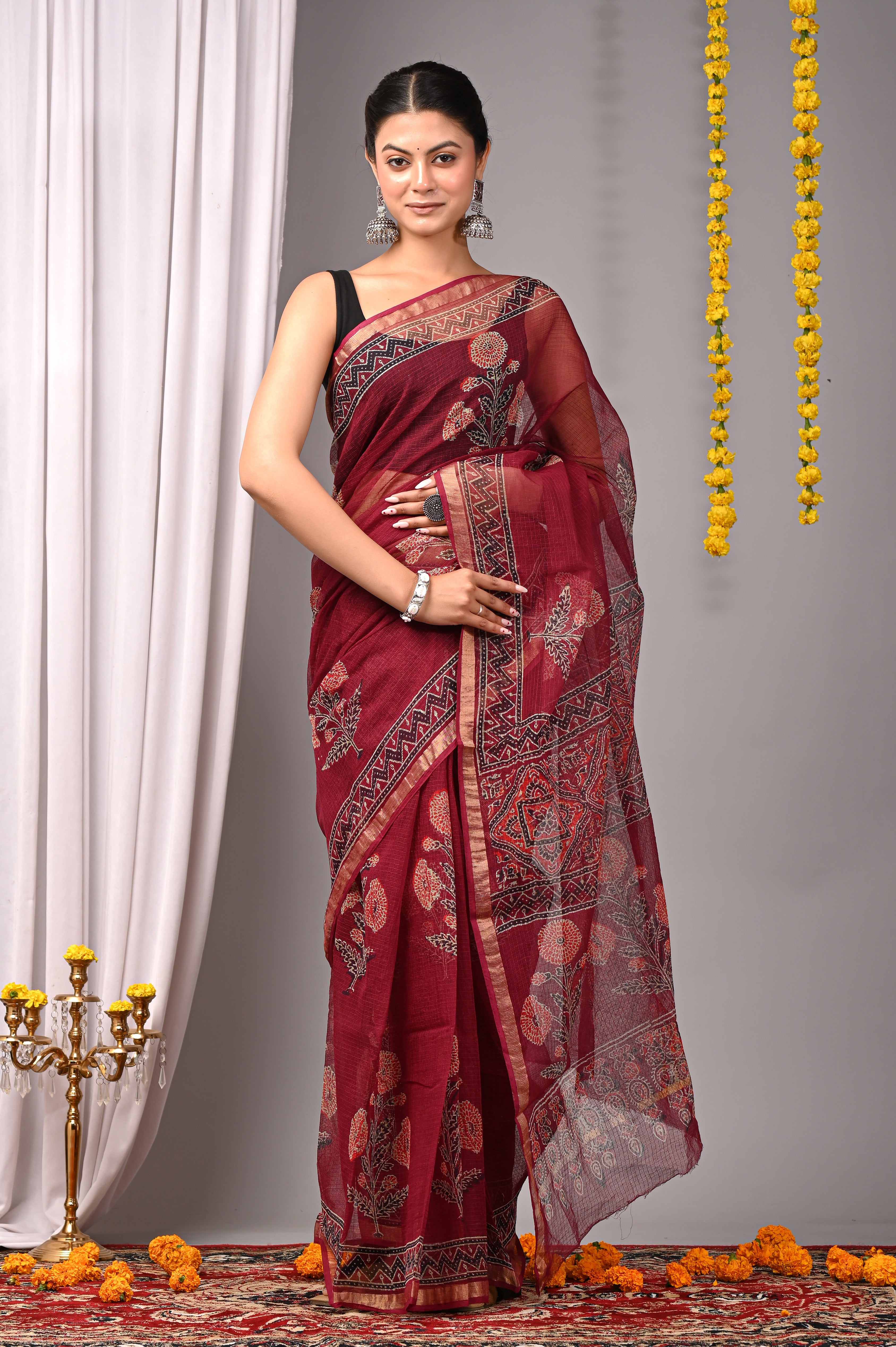 Hand-Printed Kota Doria Saree - Maroon Cotton Silk
