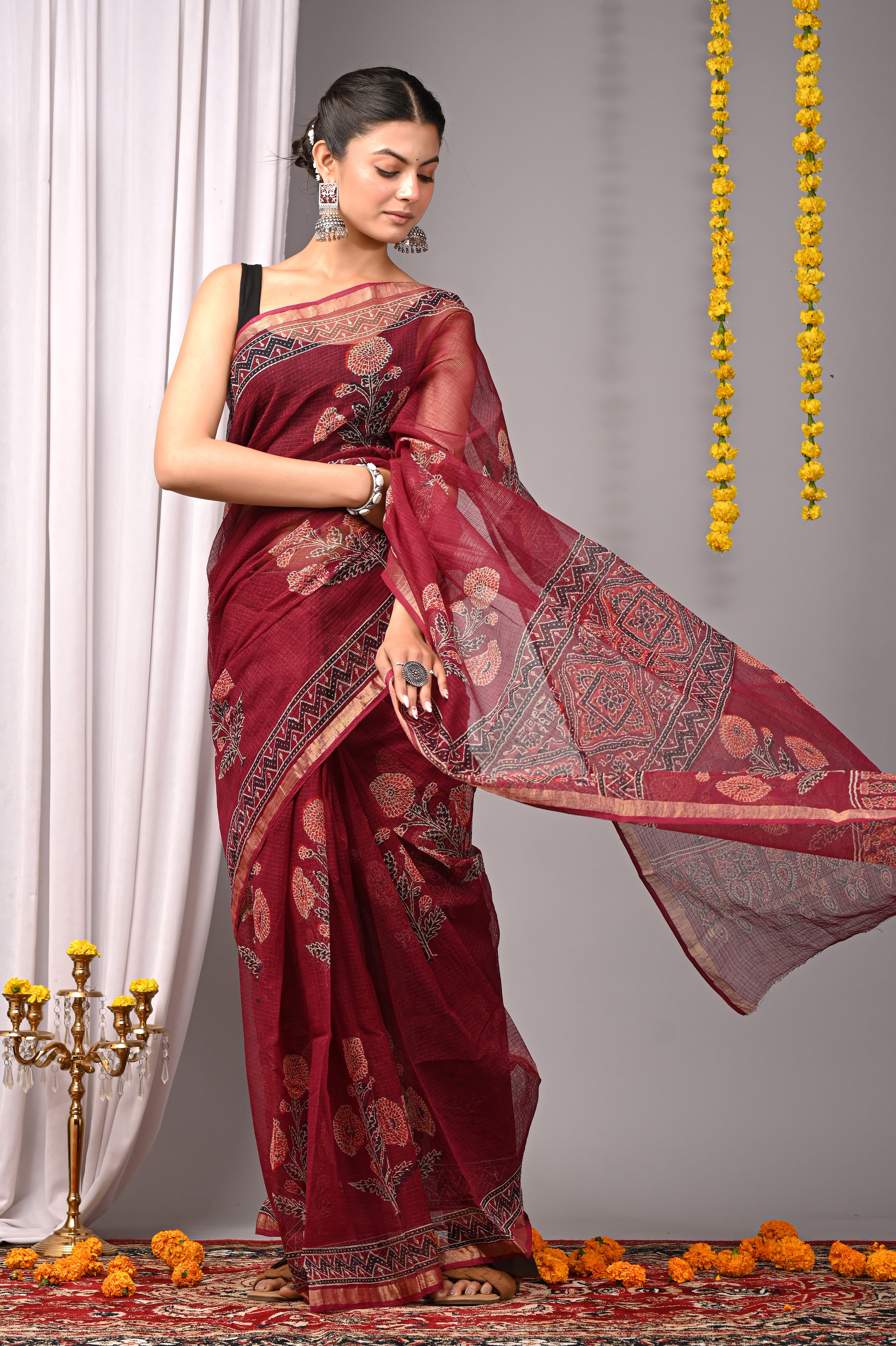 Hand-Printed Kota Doria Saree - Maroon Cotton Silk