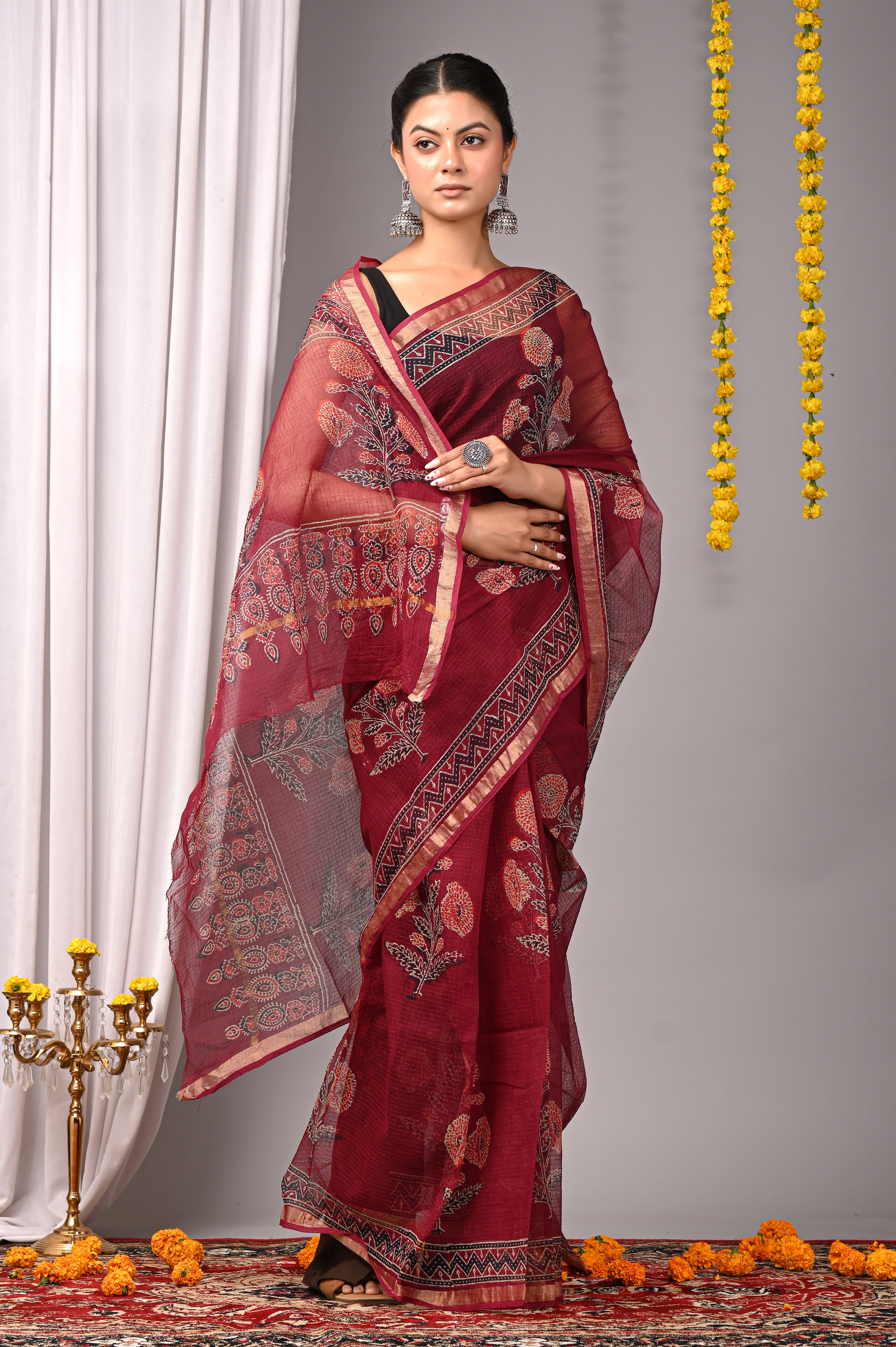 Hand-Printed Kota Doria Saree - Maroon Cotton Silk