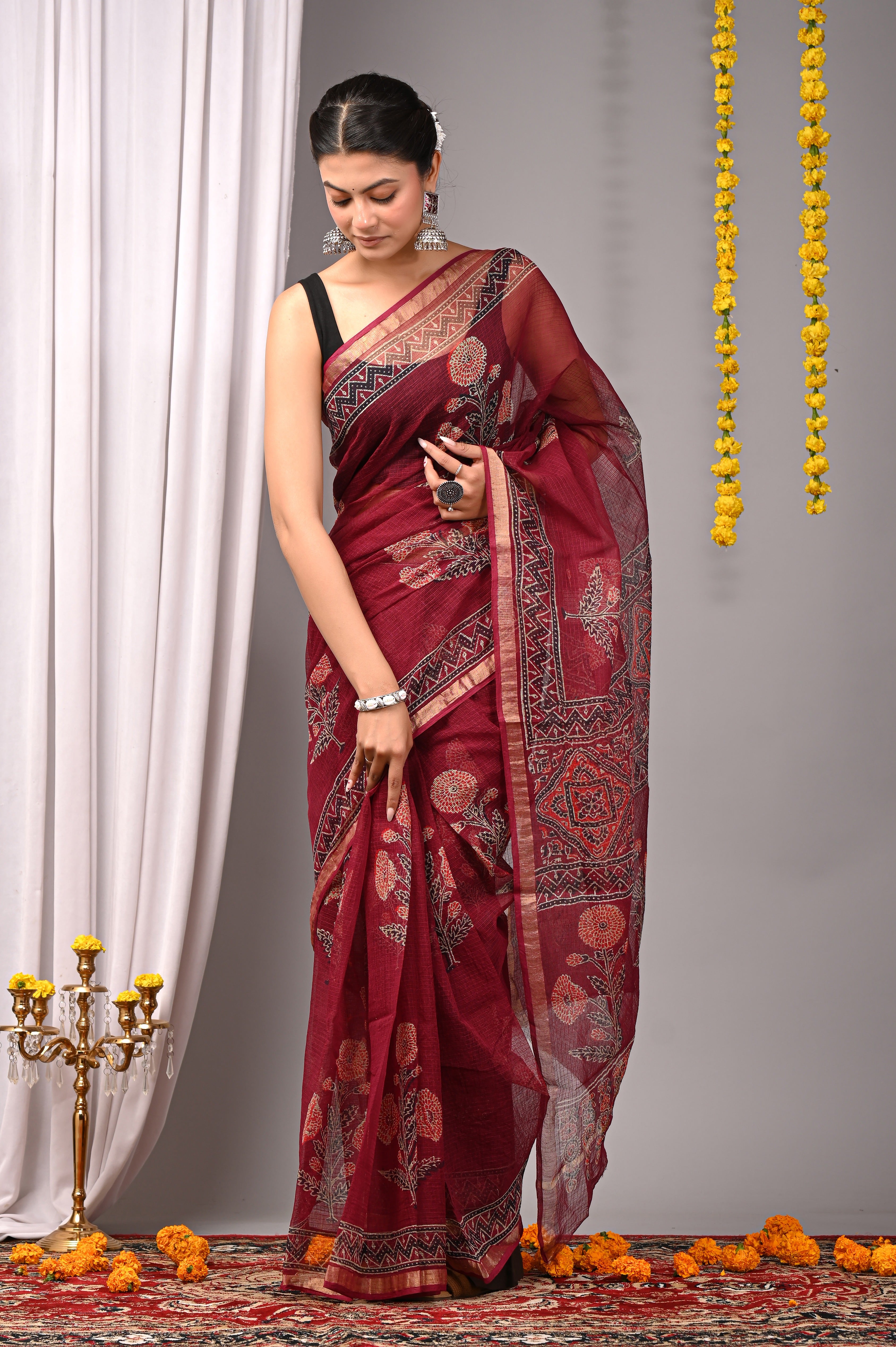 Hand-Printed Kota Doria Saree - Maroon Cotton Silk