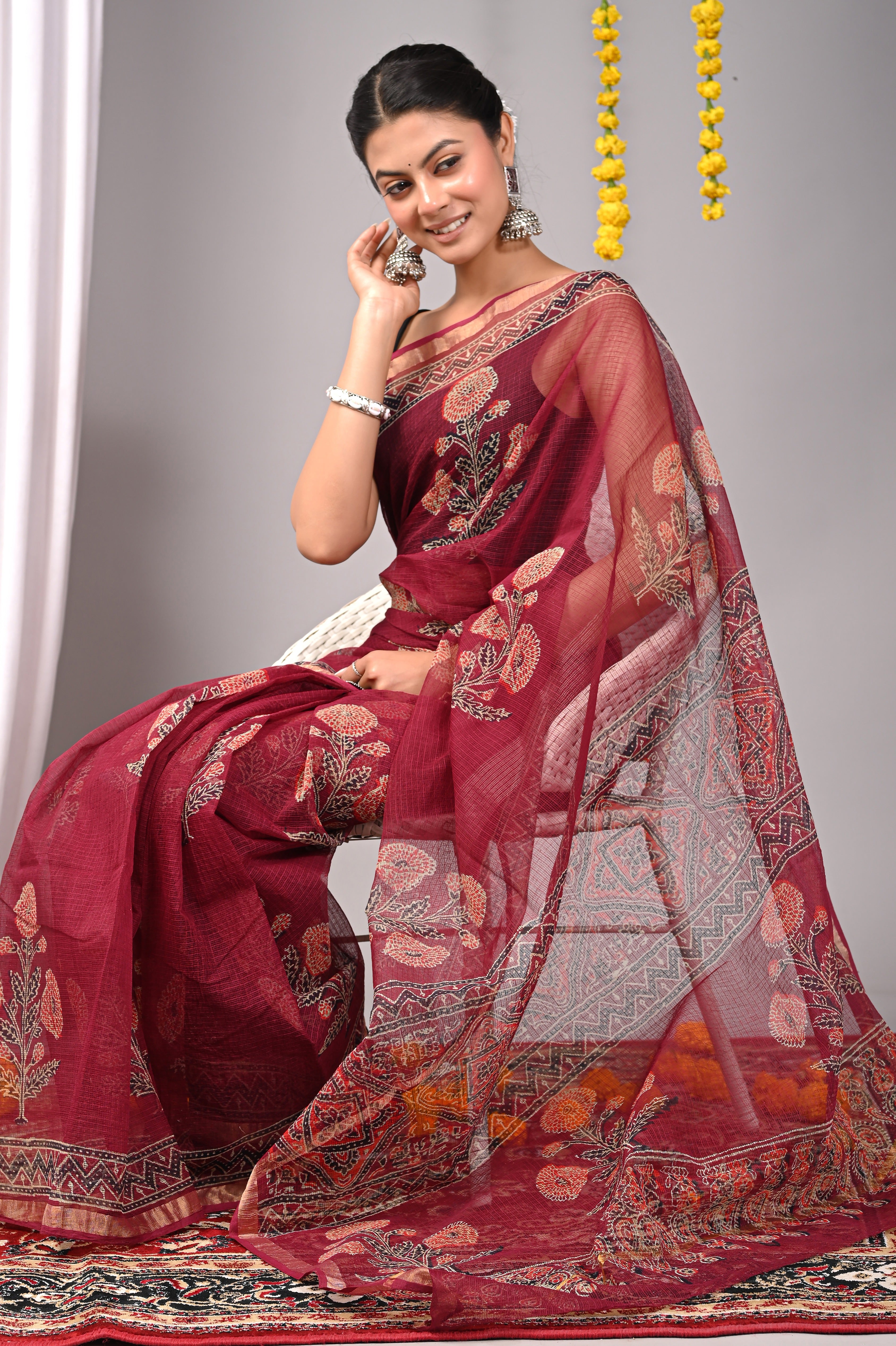 Hand-Printed Kota Doria Saree - Maroon Cotton Silk