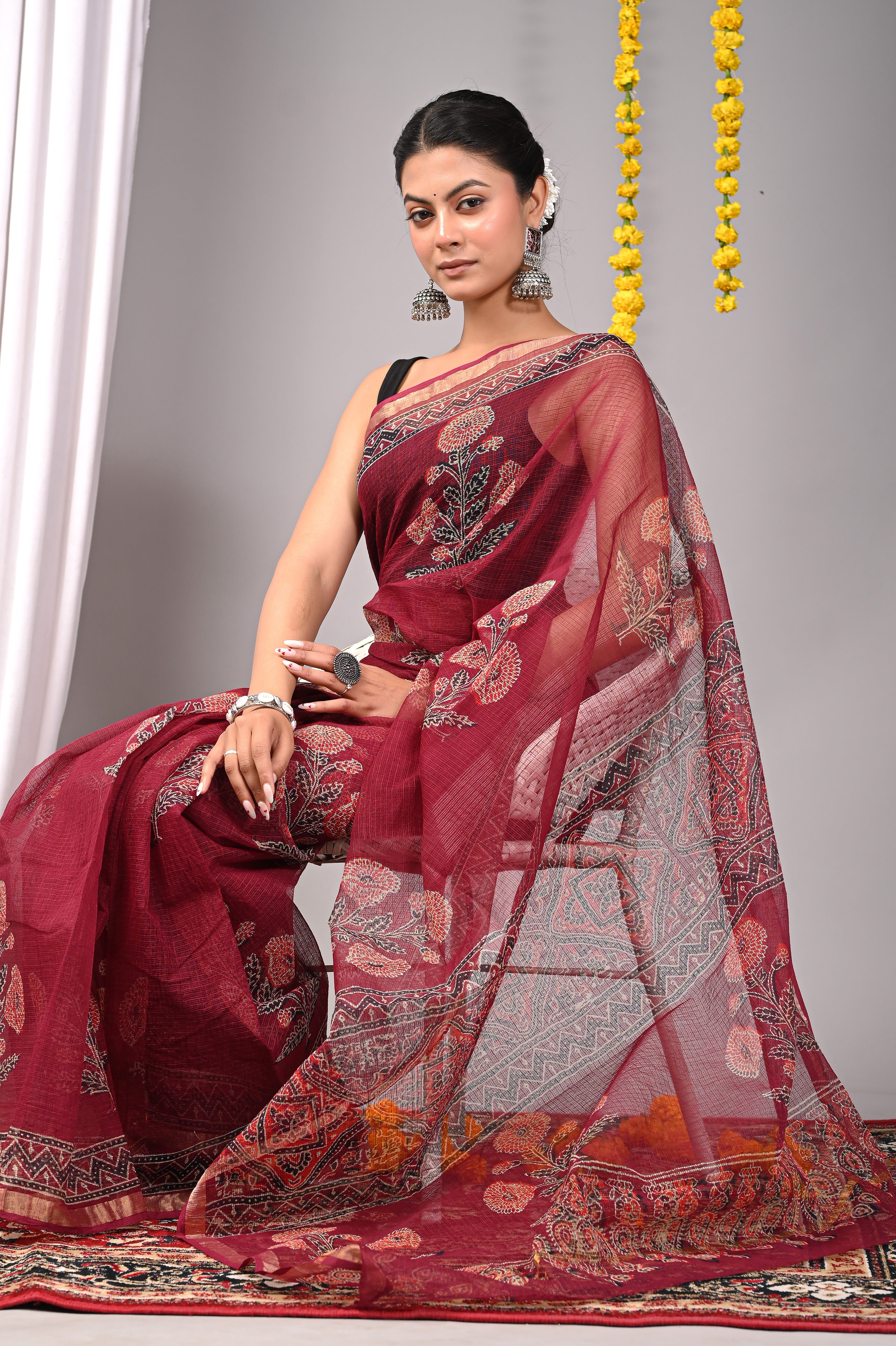 Hand-Printed Kota Doria Saree - Maroon Cotton Silk