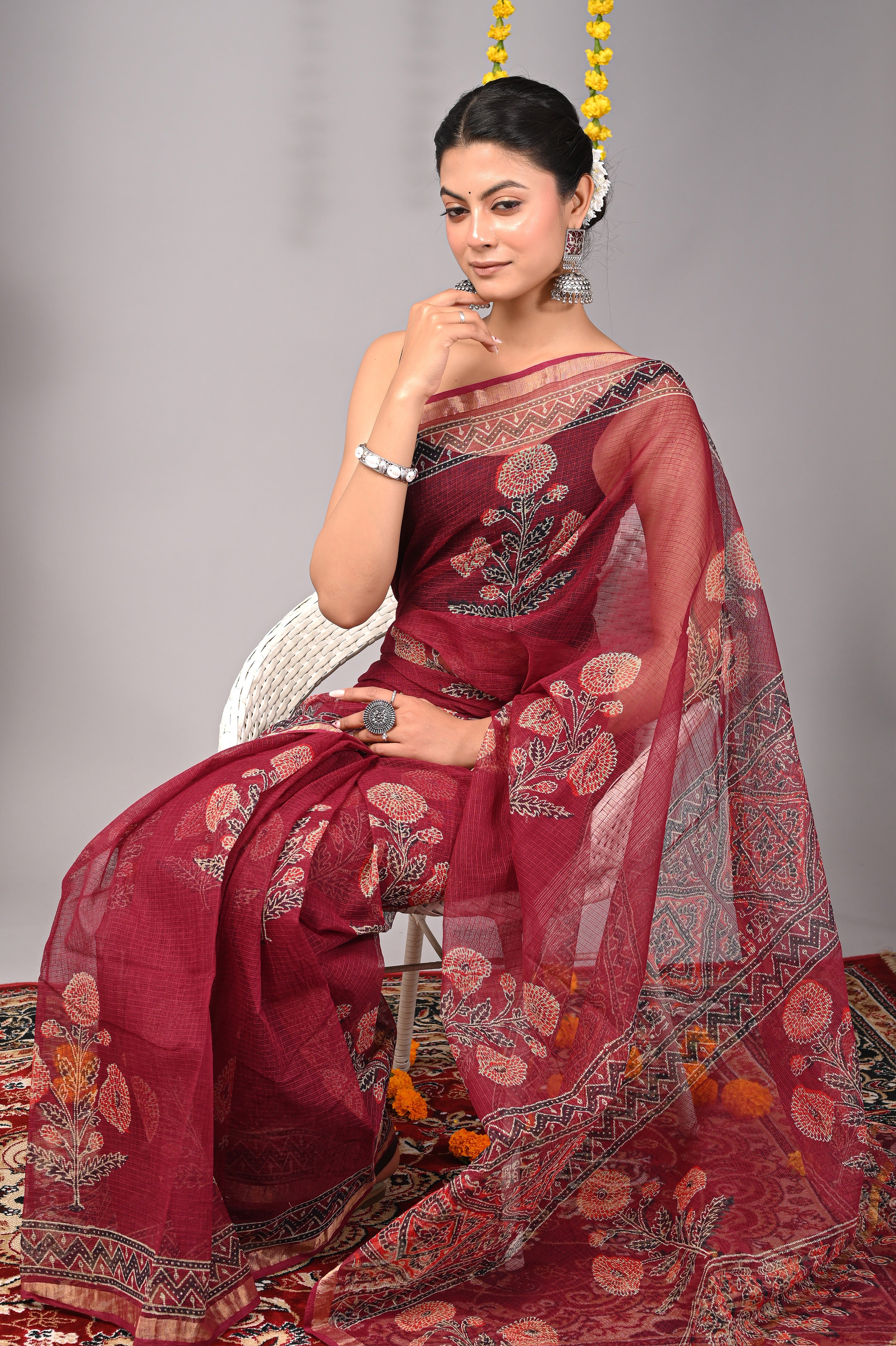 Hand-Printed Kota Doria Saree - Maroon Cotton Silk