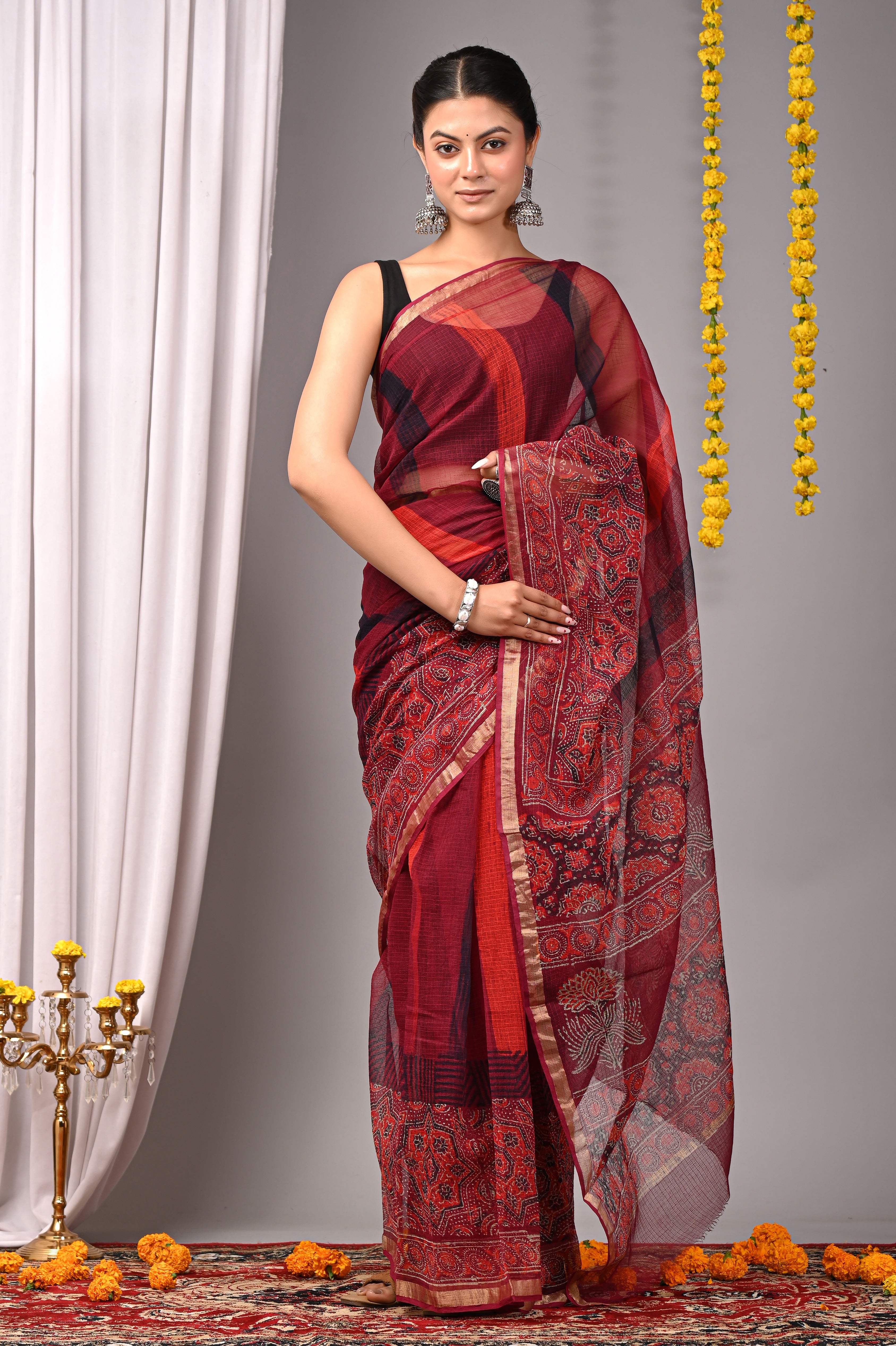 Hand-Printed Dual Pattern Kota Doria Saree - Wine Red