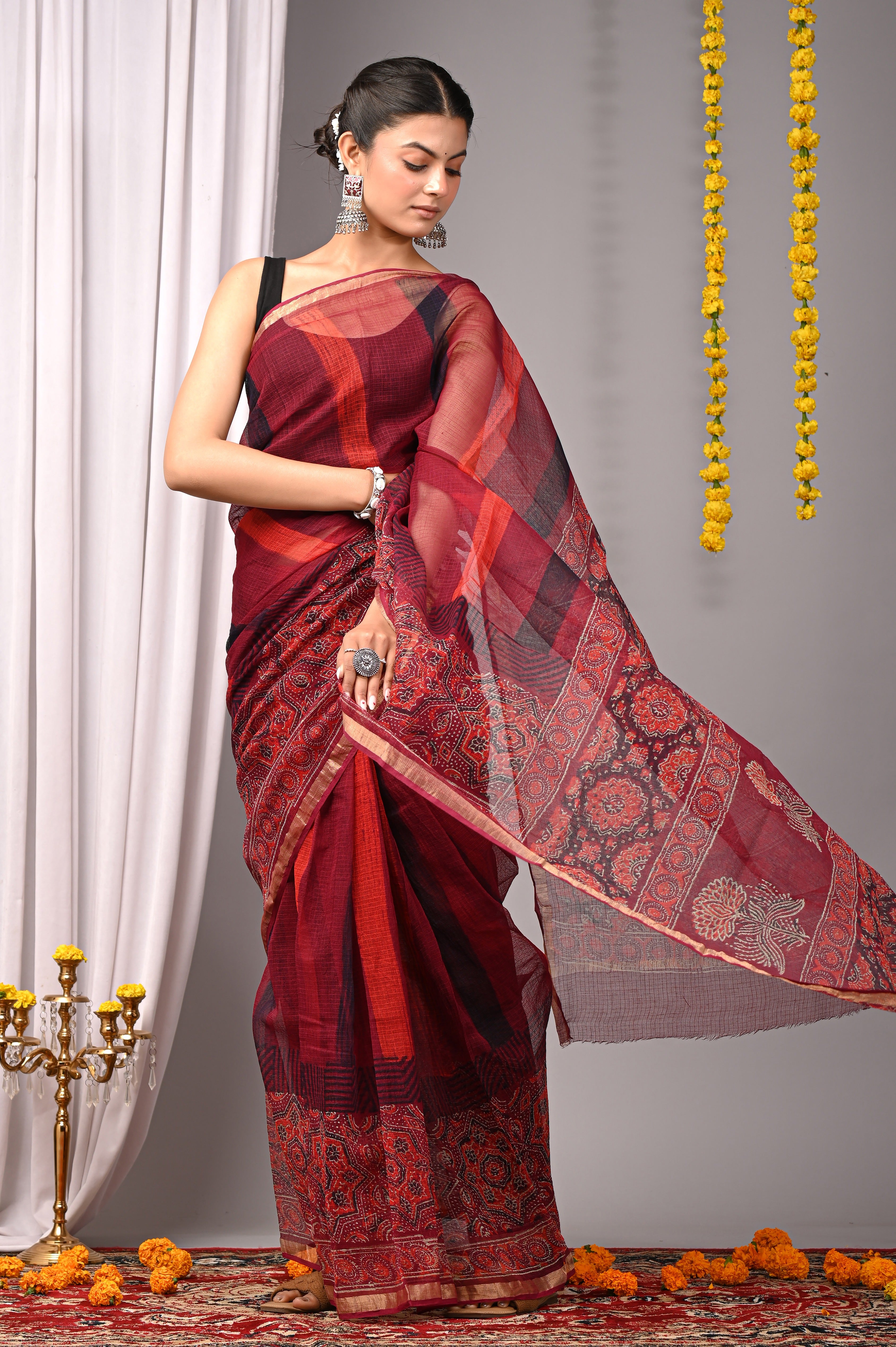 Hand-Printed Dual Pattern Kota Doria Saree - Wine Red