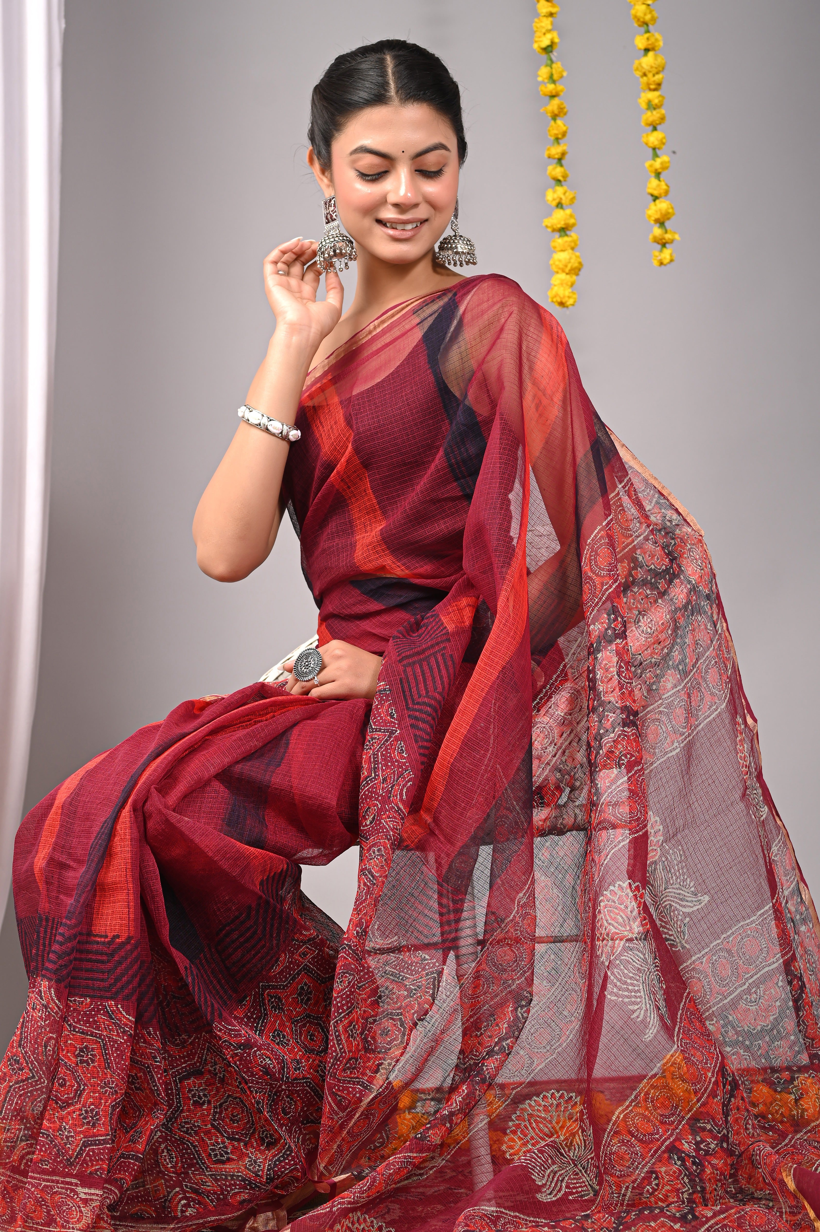 Hand-Printed Dual Pattern Kota Doria Saree - Wine Red