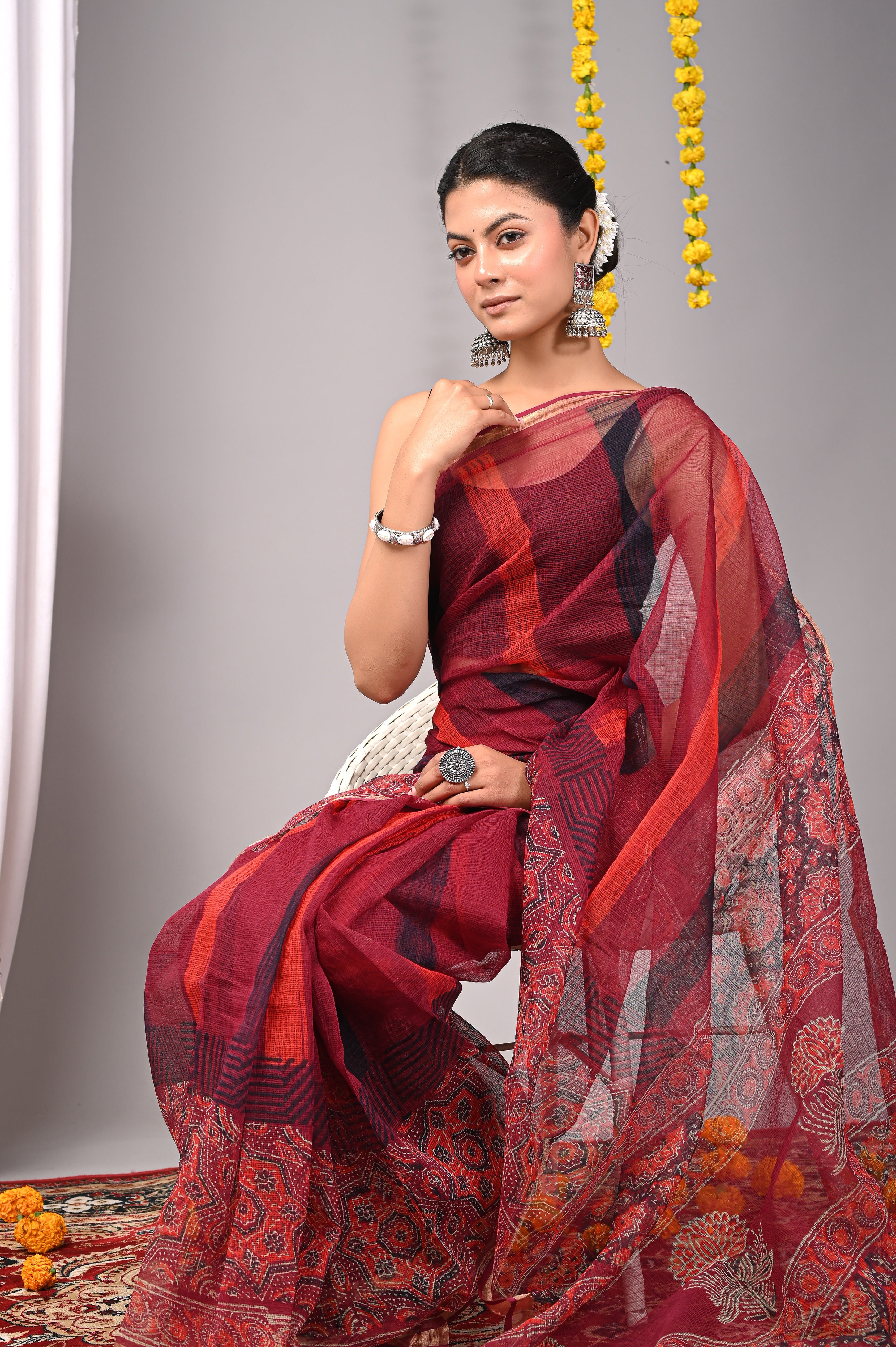 Hand-Printed Dual Pattern Kota Doria Saree - Wine Red