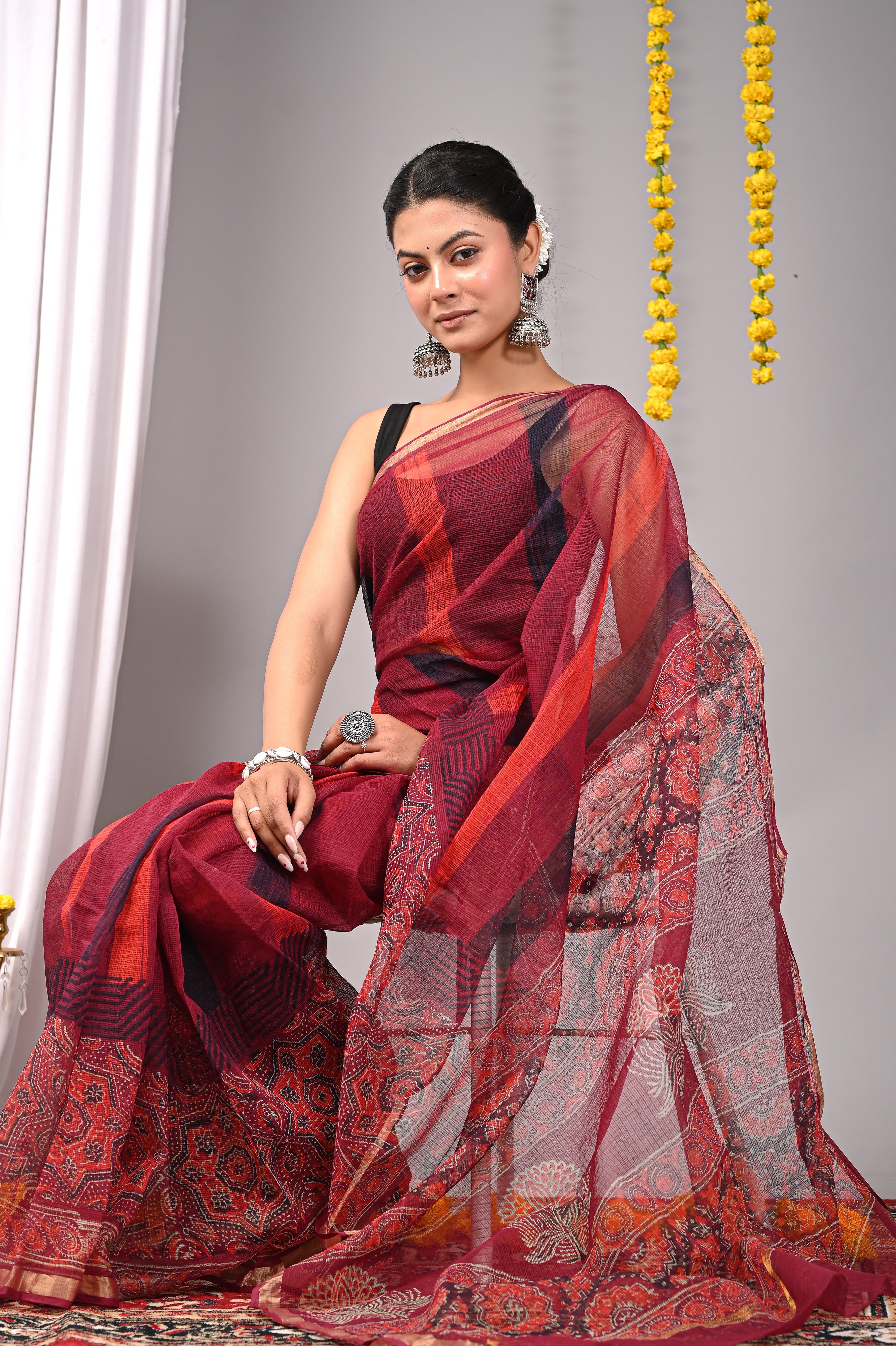 Hand-Printed Dual Pattern Kota Doria Saree - Wine Red
