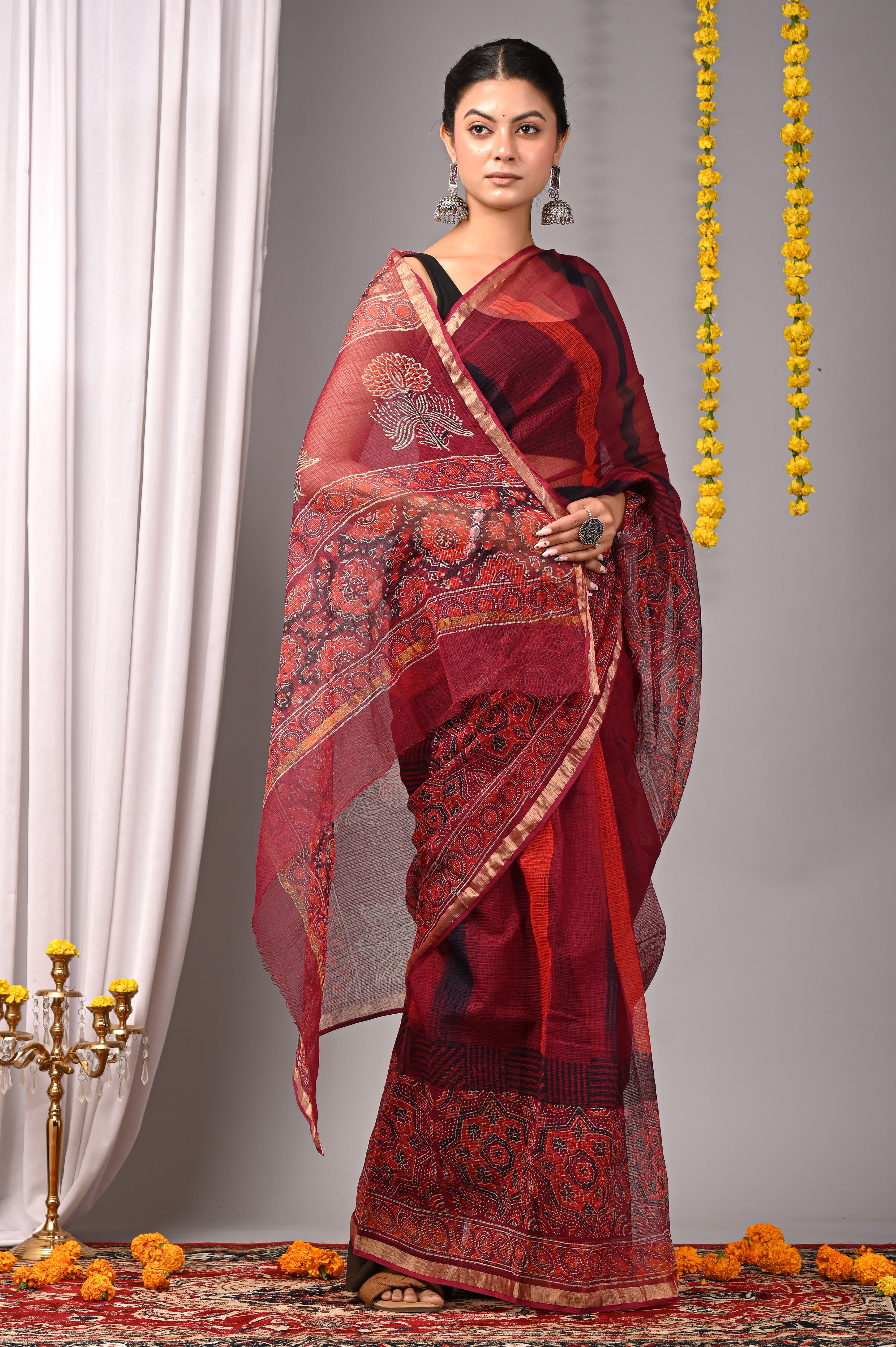 Hand-Printed Dual Pattern Kota Doria Saree - Wine Red