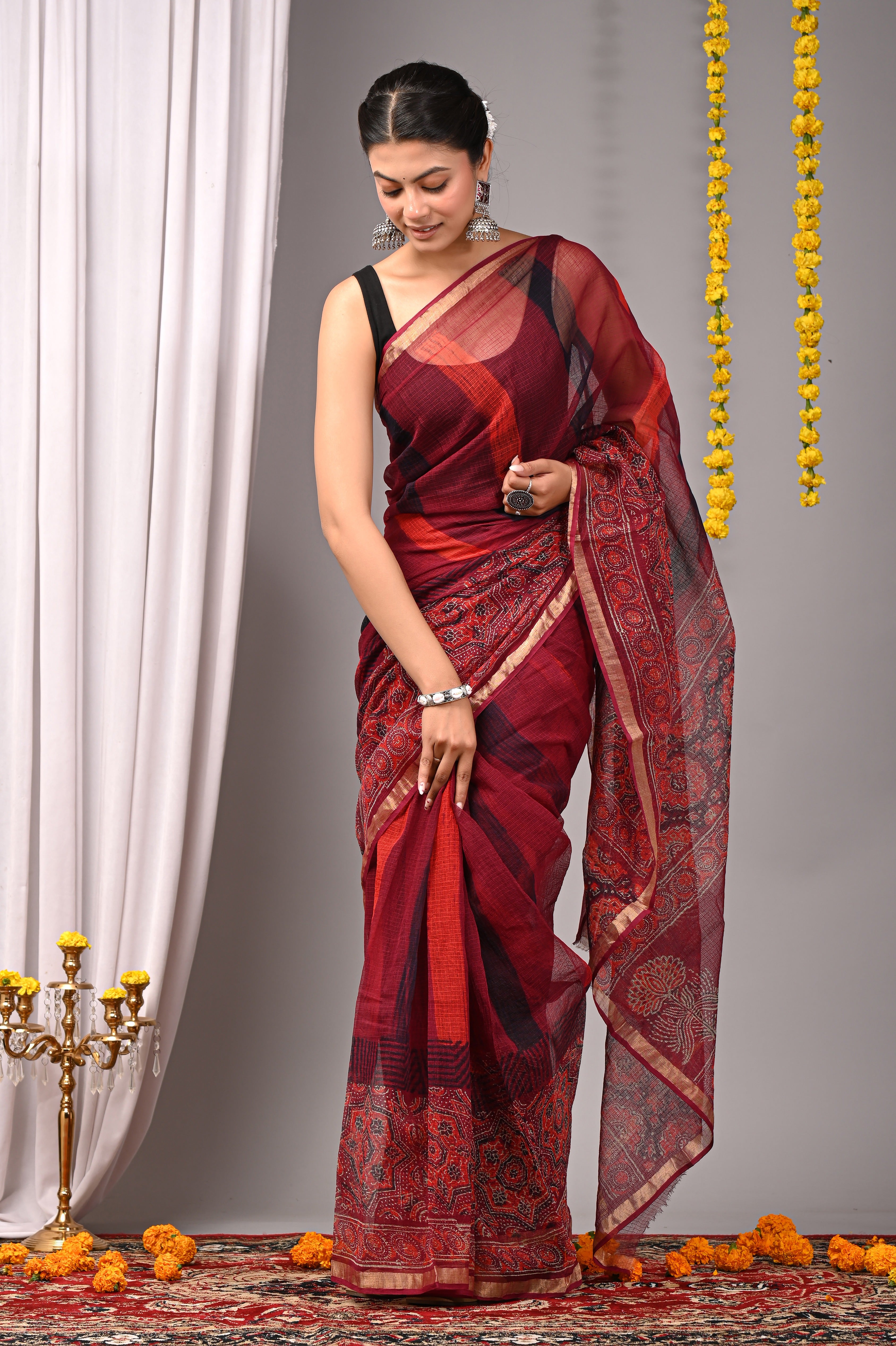 Hand-Printed Dual Pattern Kota Doria Saree - Wine Red