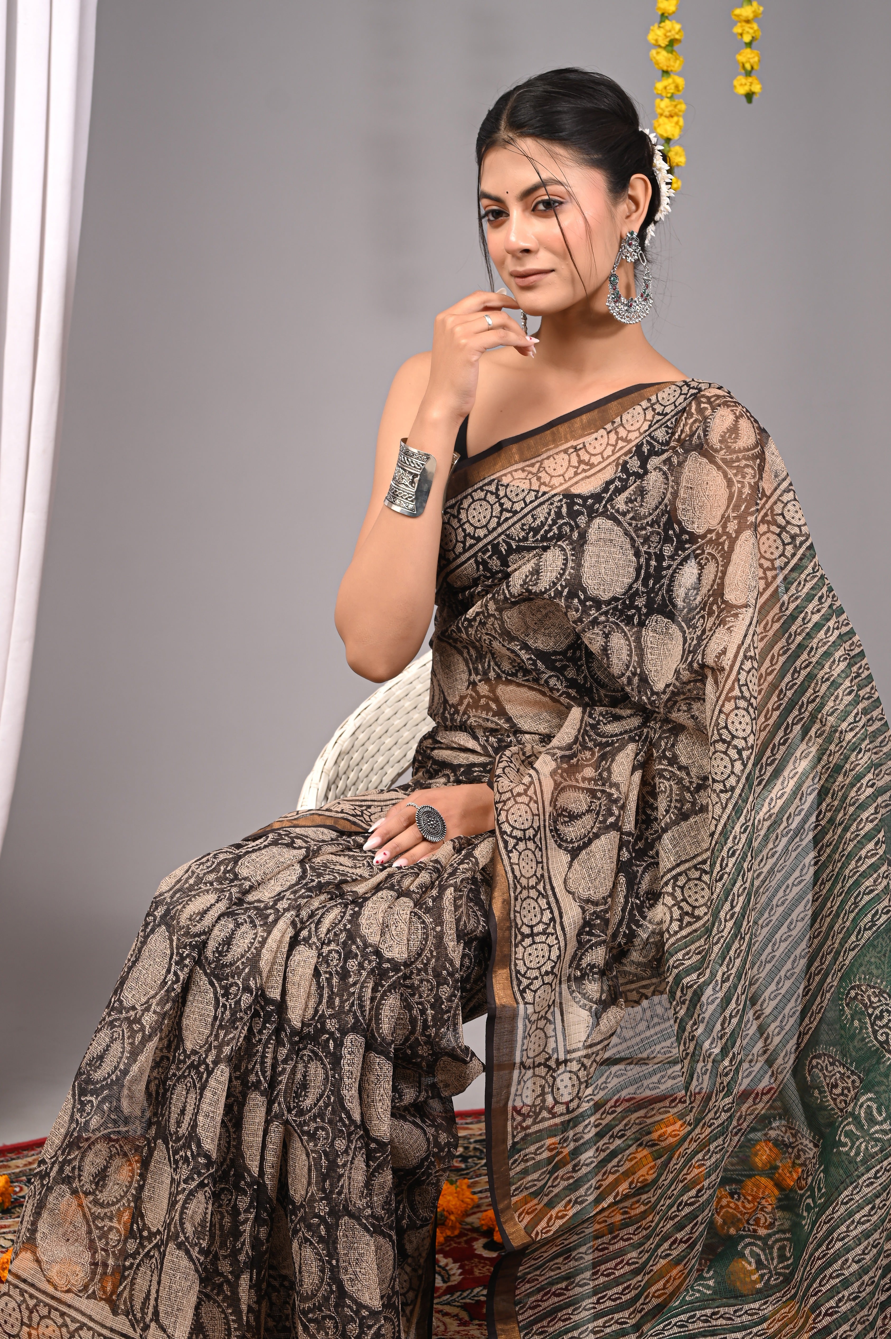 Hand-Printed Kota Doria Saree - Black & Beige Cotton Silk