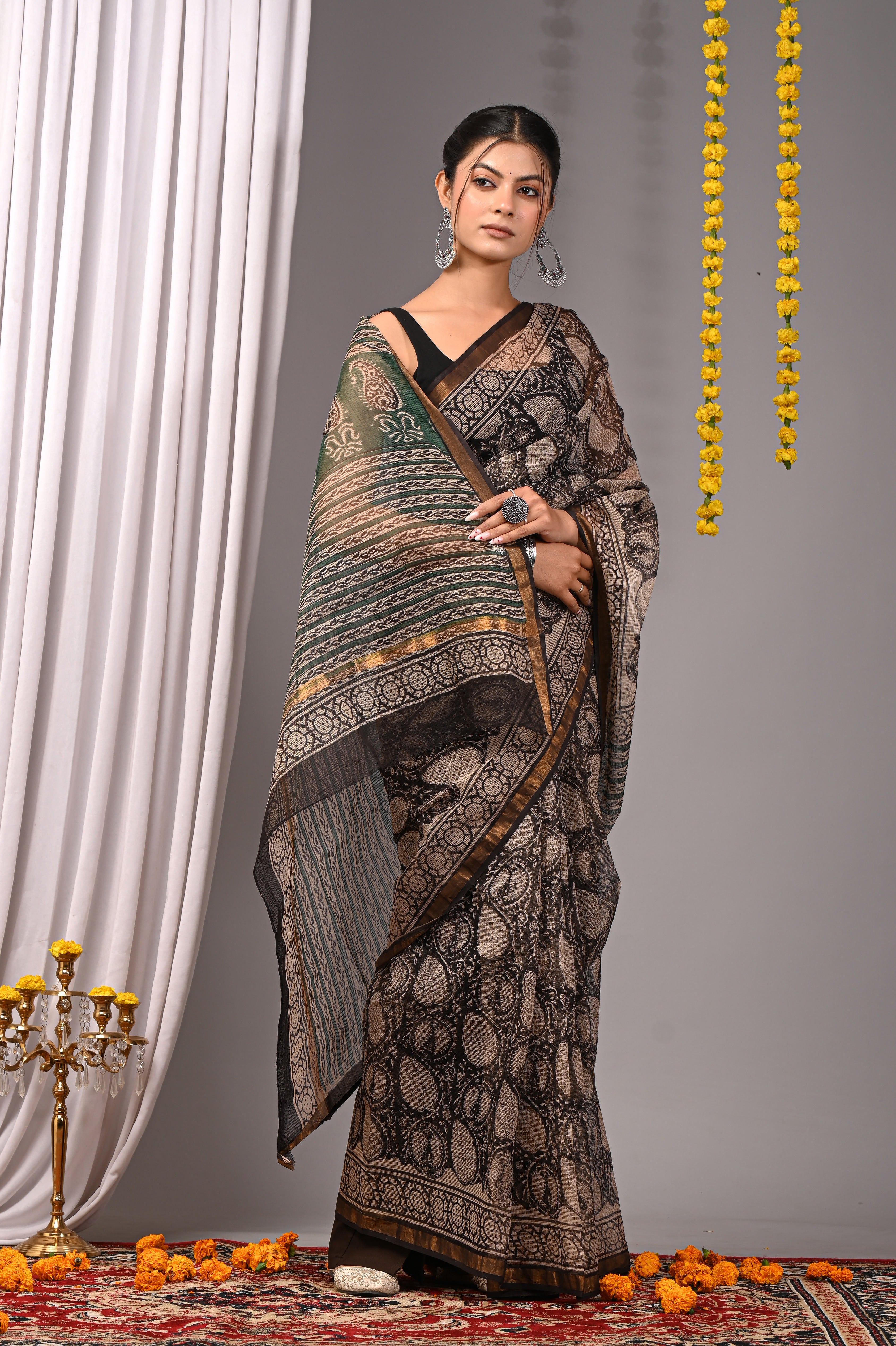 Hand-Printed Kota Doria Saree - Black & Beige Cotton Silk