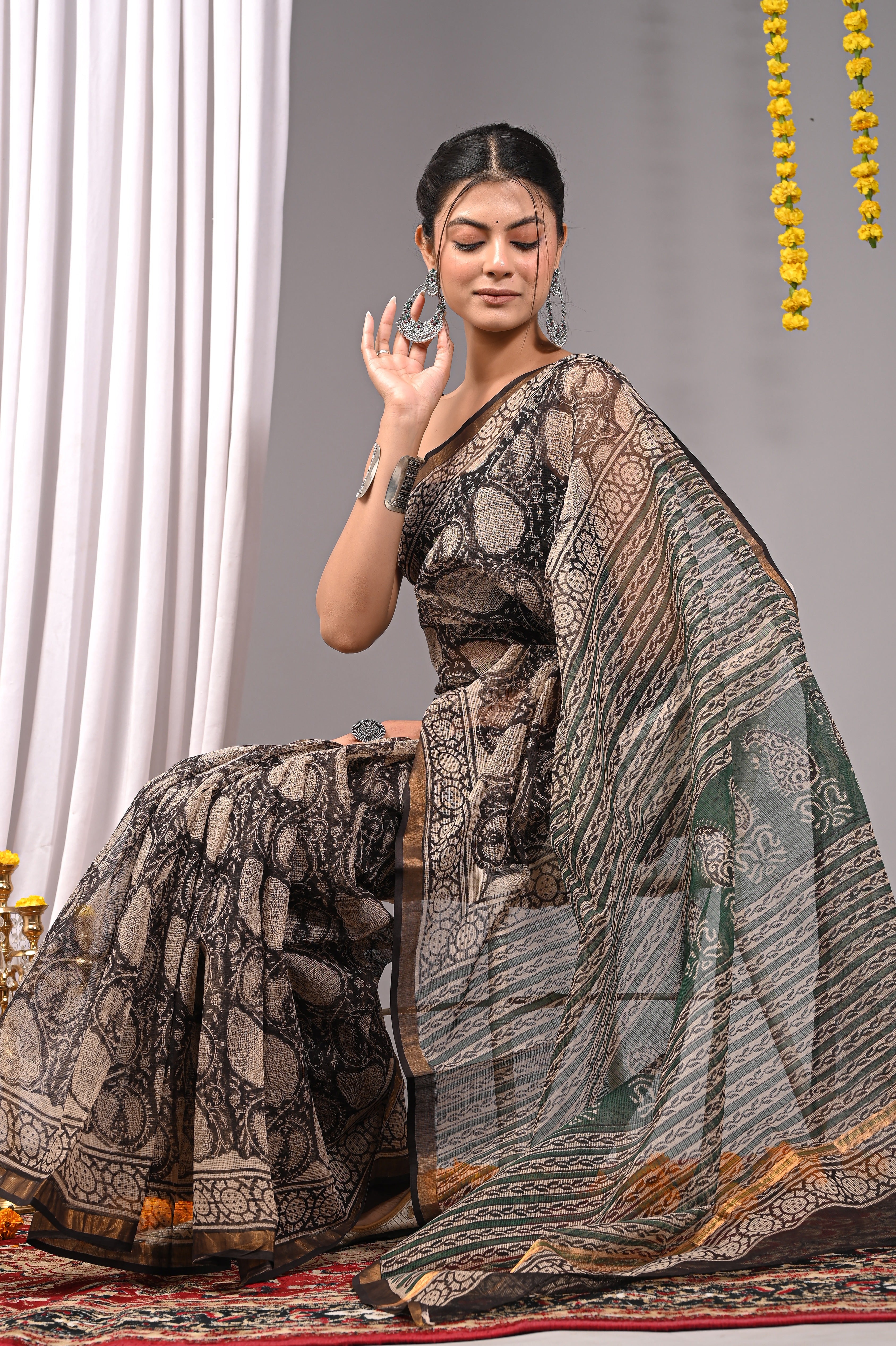 Hand-Printed Kota Doria Saree - Black & Beige Cotton Silk