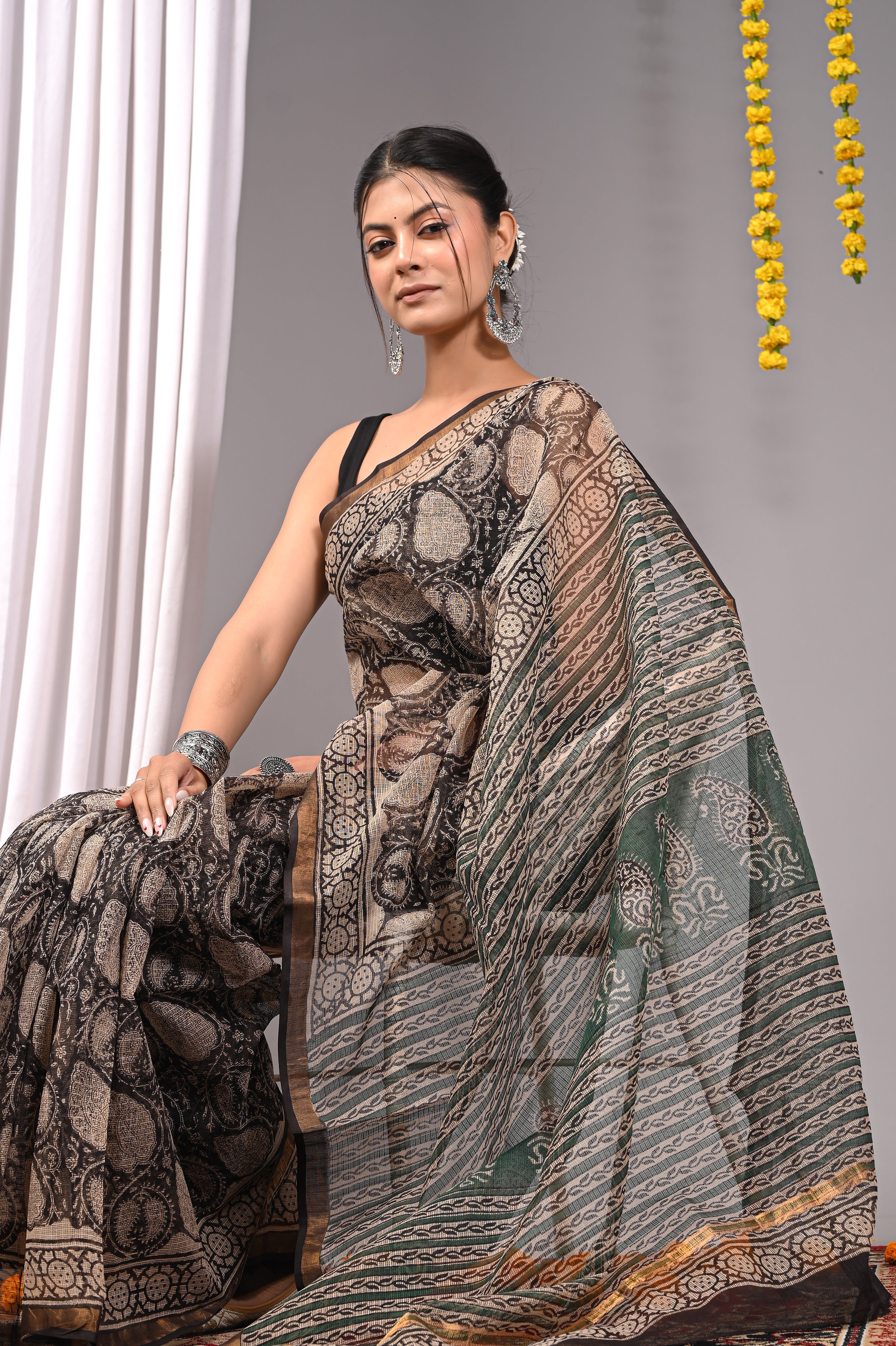 Hand-Printed Kota Doria Saree - Black & Beige Cotton Silk