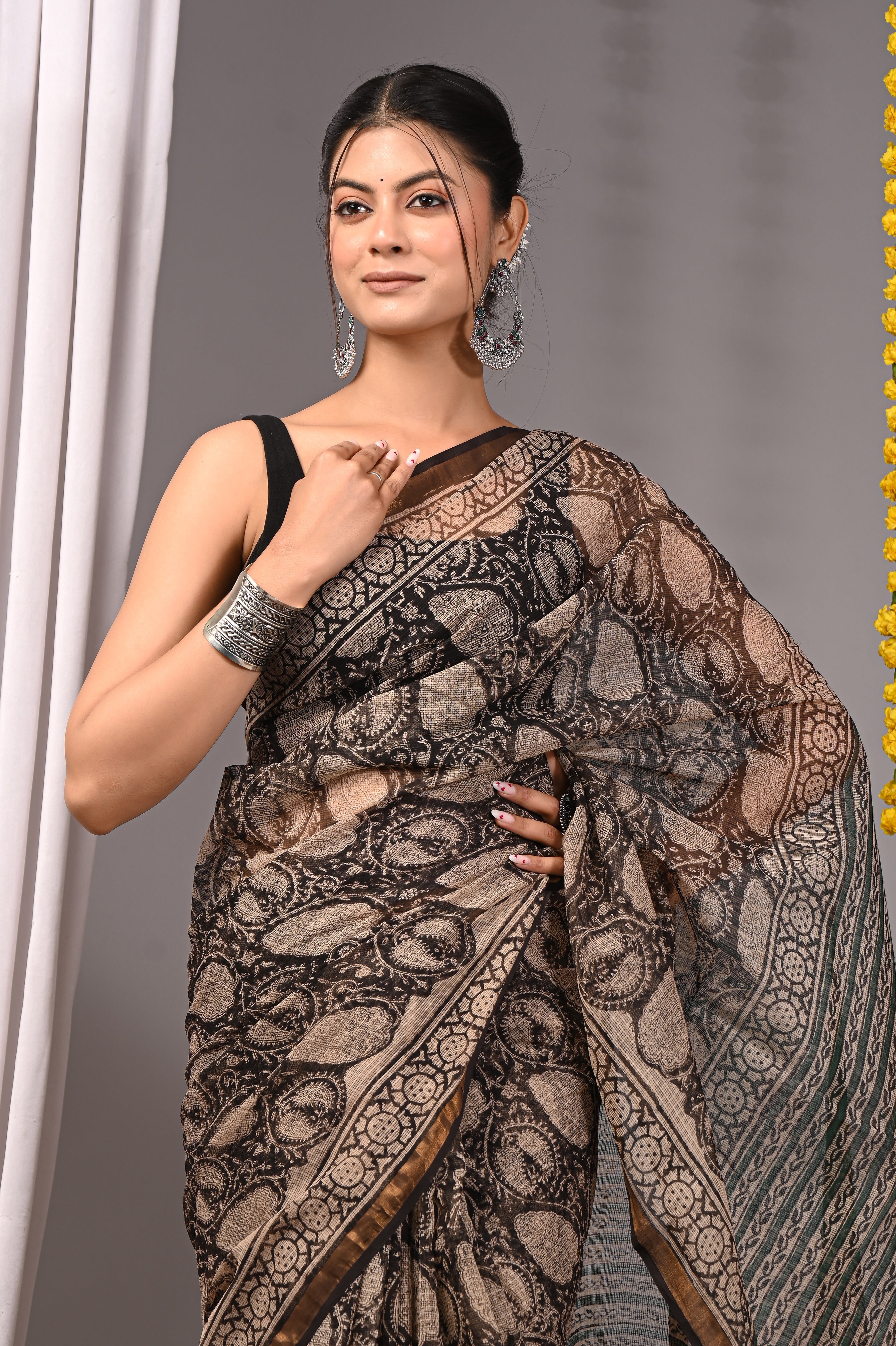 Hand-Printed Kota Doria Saree - Black & Beige Cotton Silk