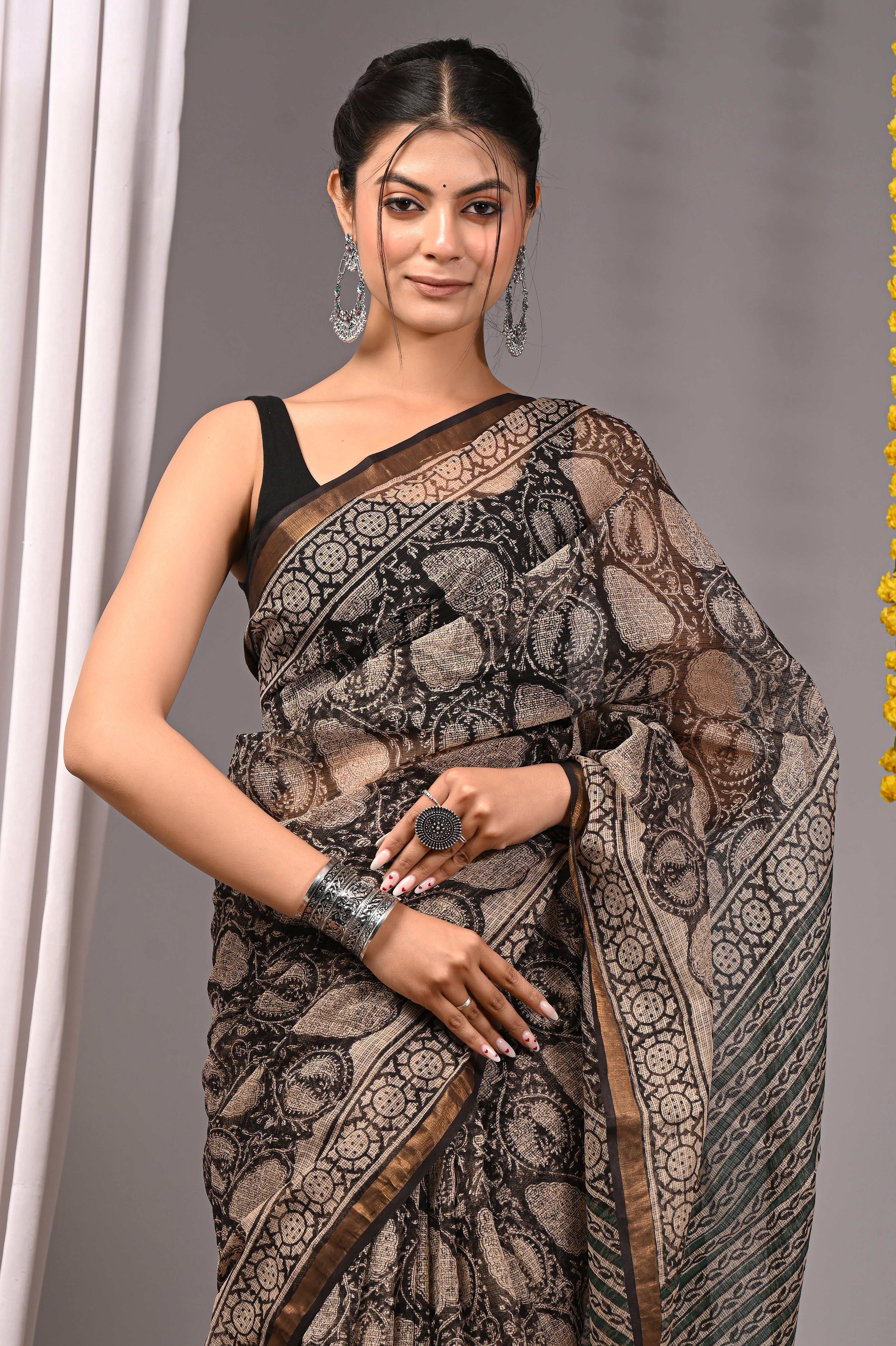 Hand-Printed Kota Doria Saree - Black & Beige Cotton Silk