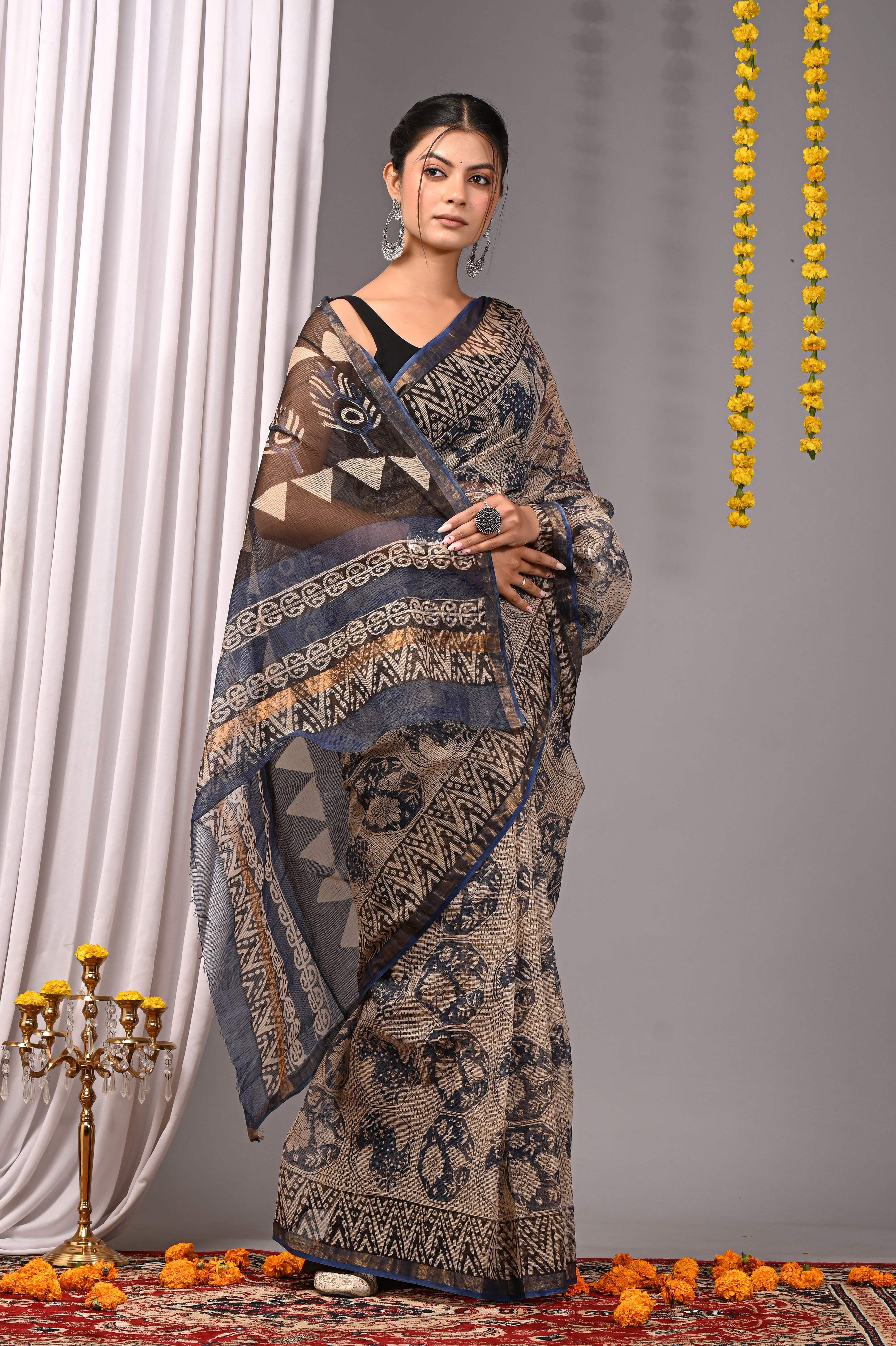 Hand-Printed Kota Doria Saree - Indigo Cotton Silk