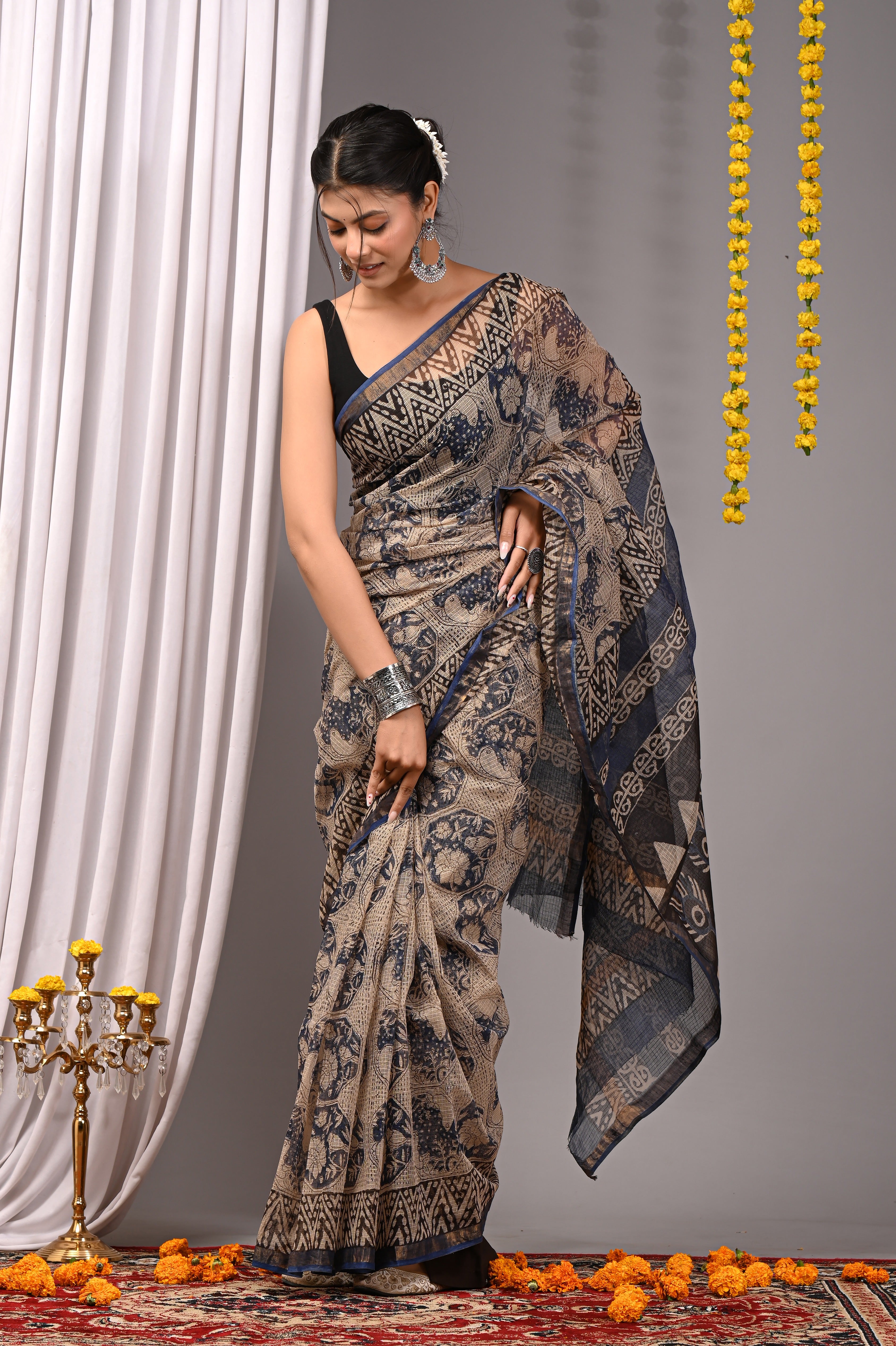 Hand-Printed Kota Doria Saree - Indigo Cotton Silk