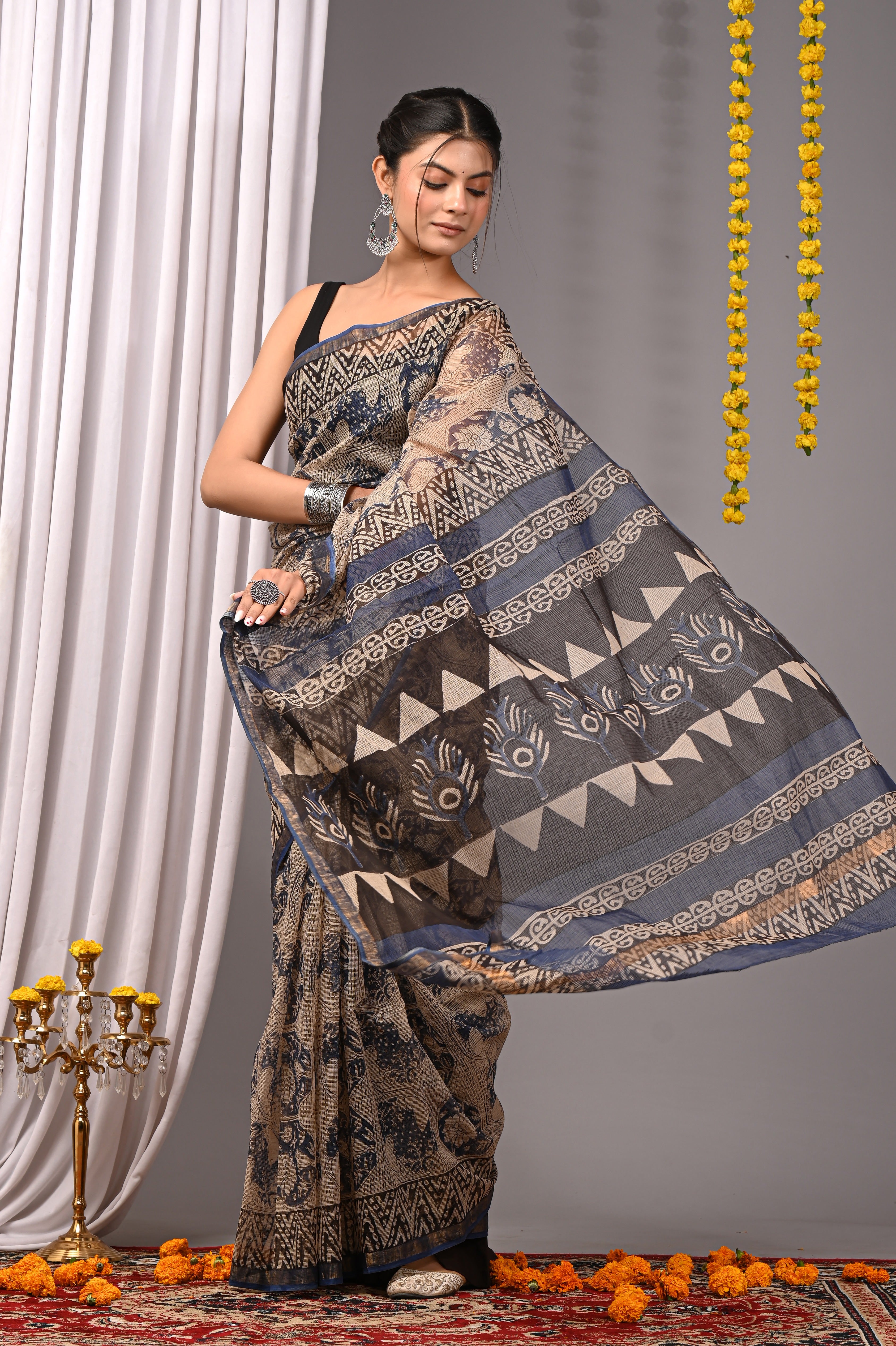 Hand-Printed Kota Doria Saree - Indigo Cotton Silk