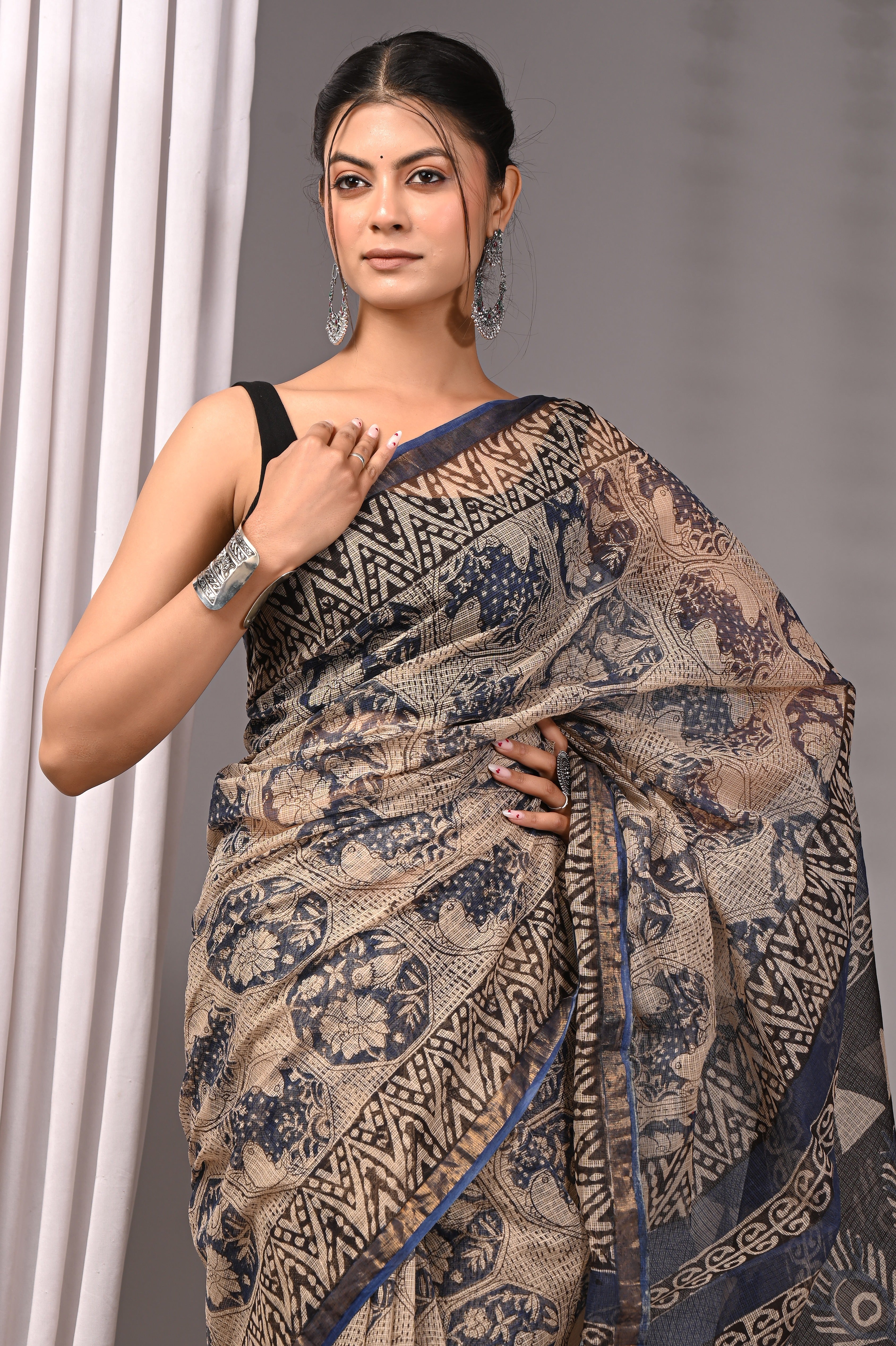 Hand-Printed Kota Doria Saree - Indigo Cotton Silk