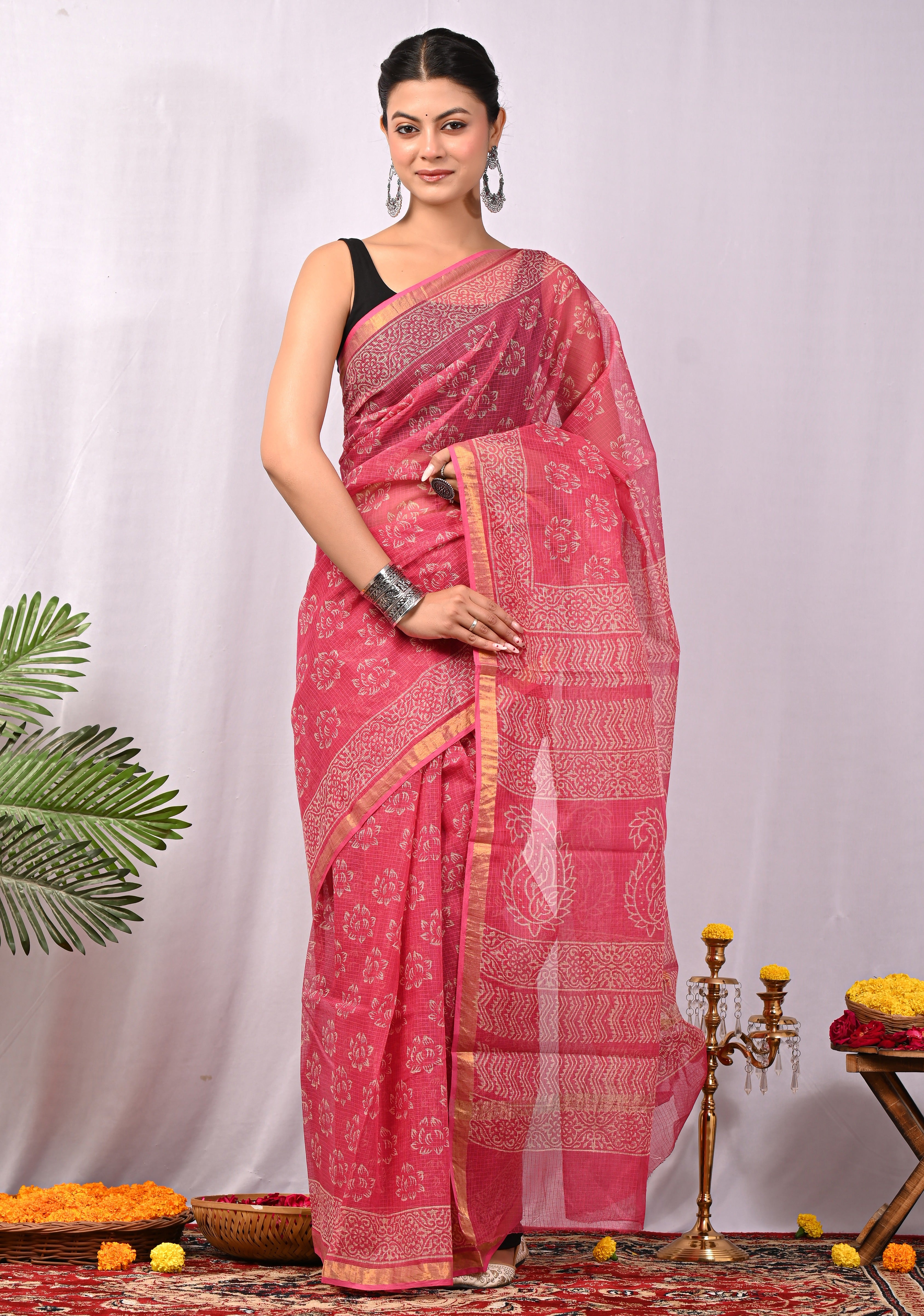 Hand-Printed Kota Doria Saree - Fuchsia Cotton Silk