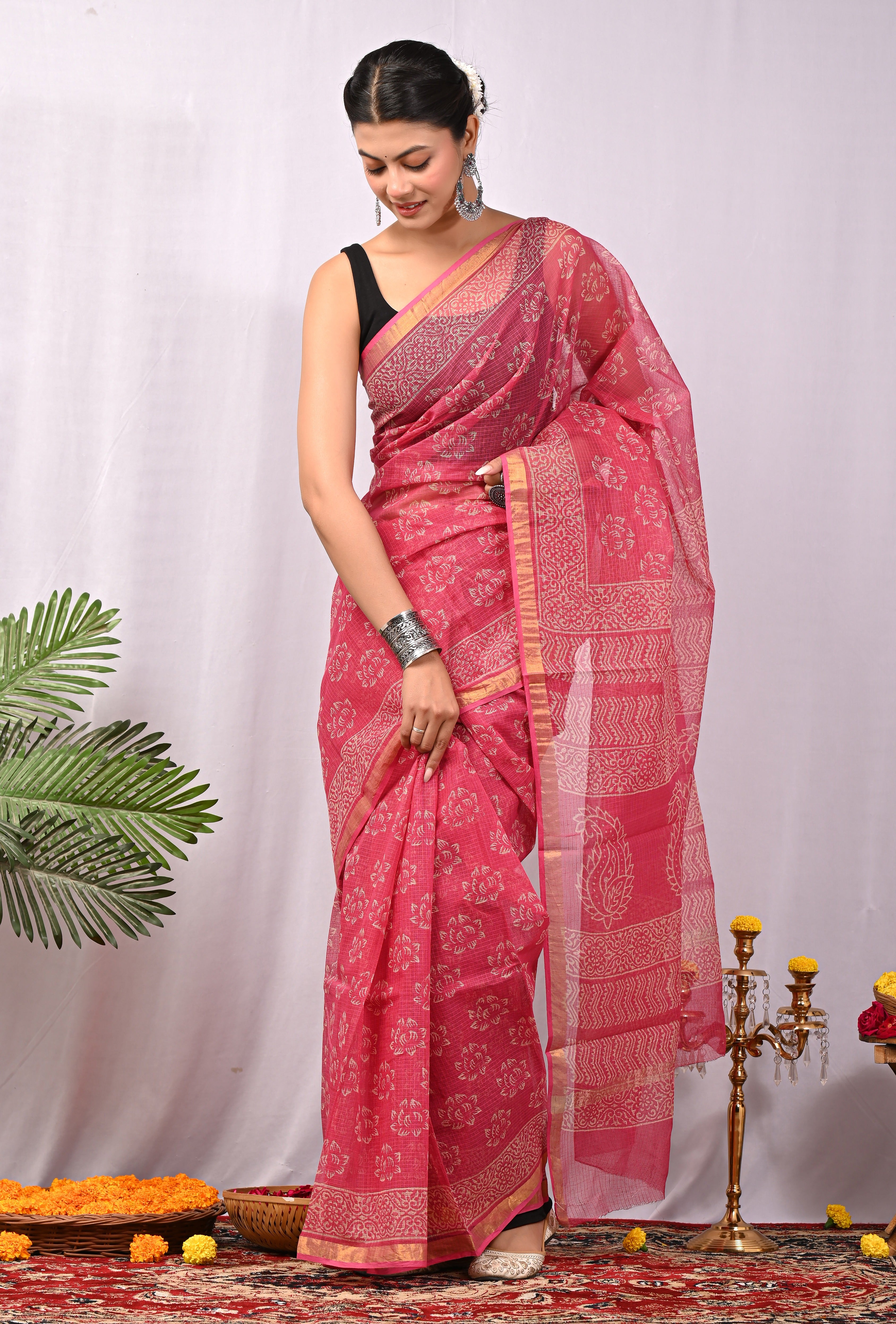 Hand-Printed Kota Doria Saree - Fuchsia Cotton Silk