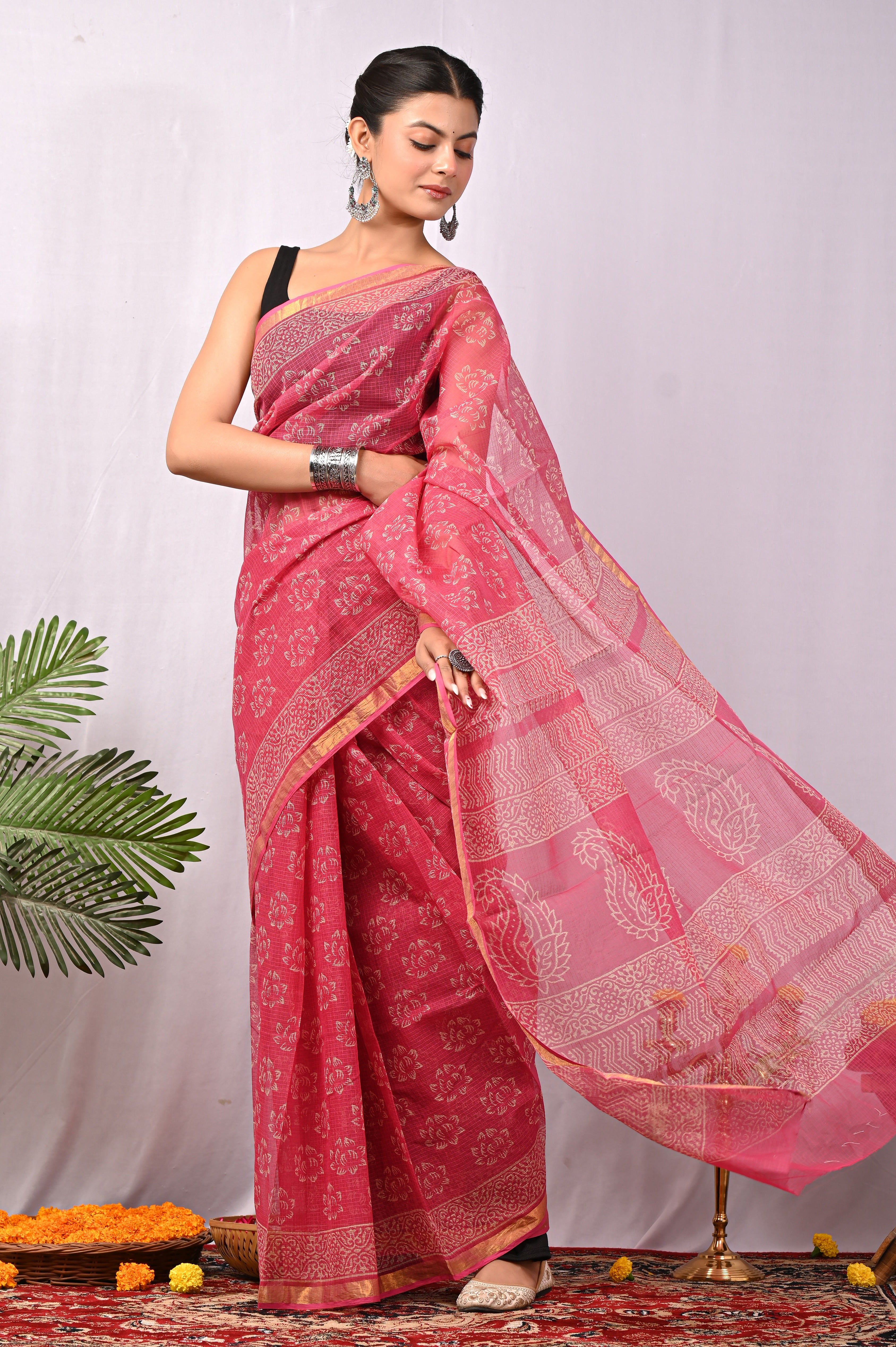 Hand-Printed Kota Doria Saree - Fuchsia Cotton Silk